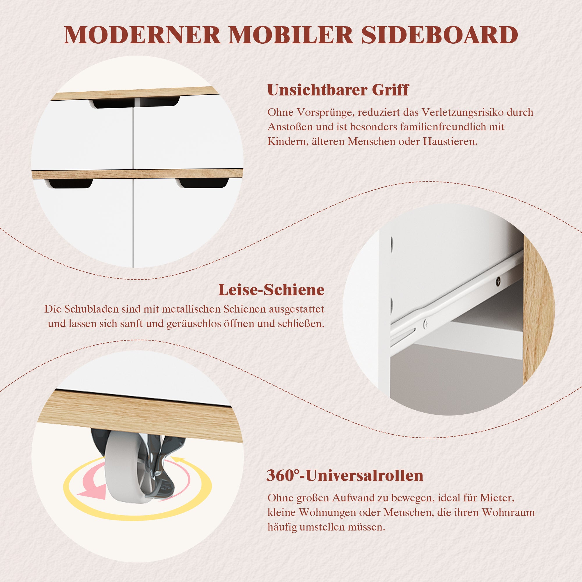 Modern Serving Trolley with 360° Swivel Casters and Storage, White and Wood