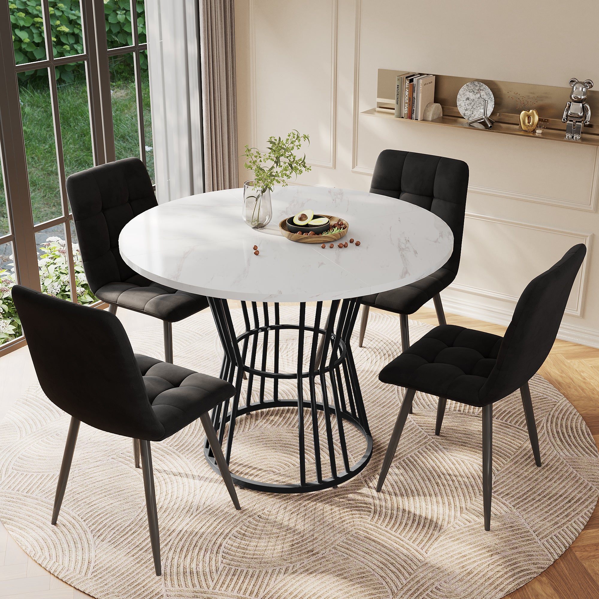 Dining Table Set 5-Piece Round 100cm Velvet Chairs - White/Black