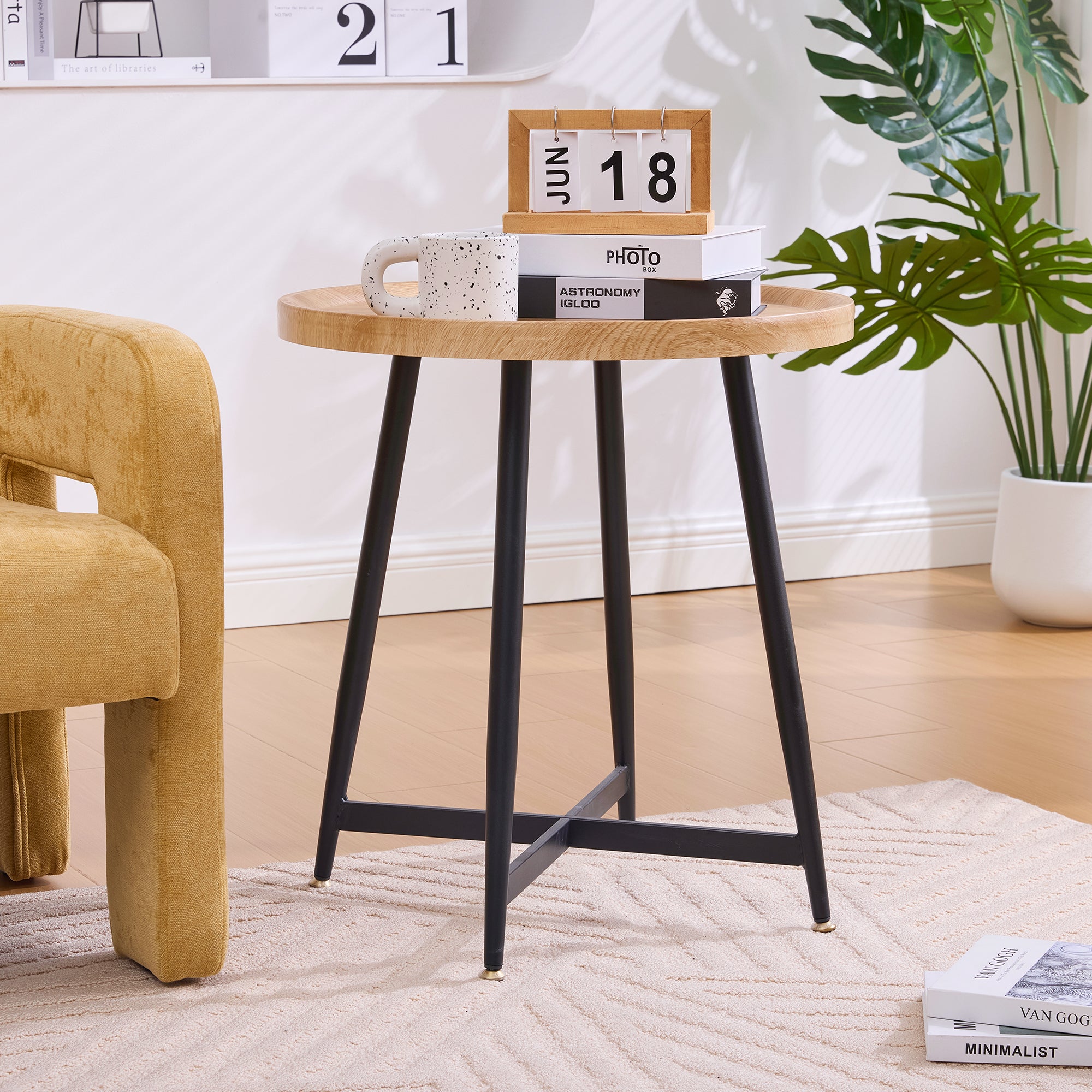 Round Side Table Modern Minimalist Compact - Wood/Metal Frame