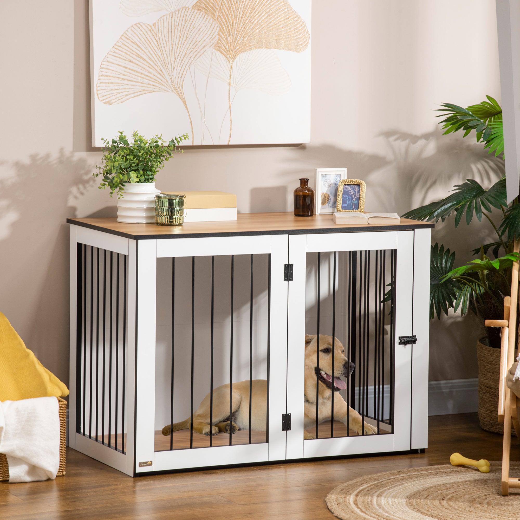 Indoor Dog Cage, Lockable Doors, Chipboard, Dark Walnut + White