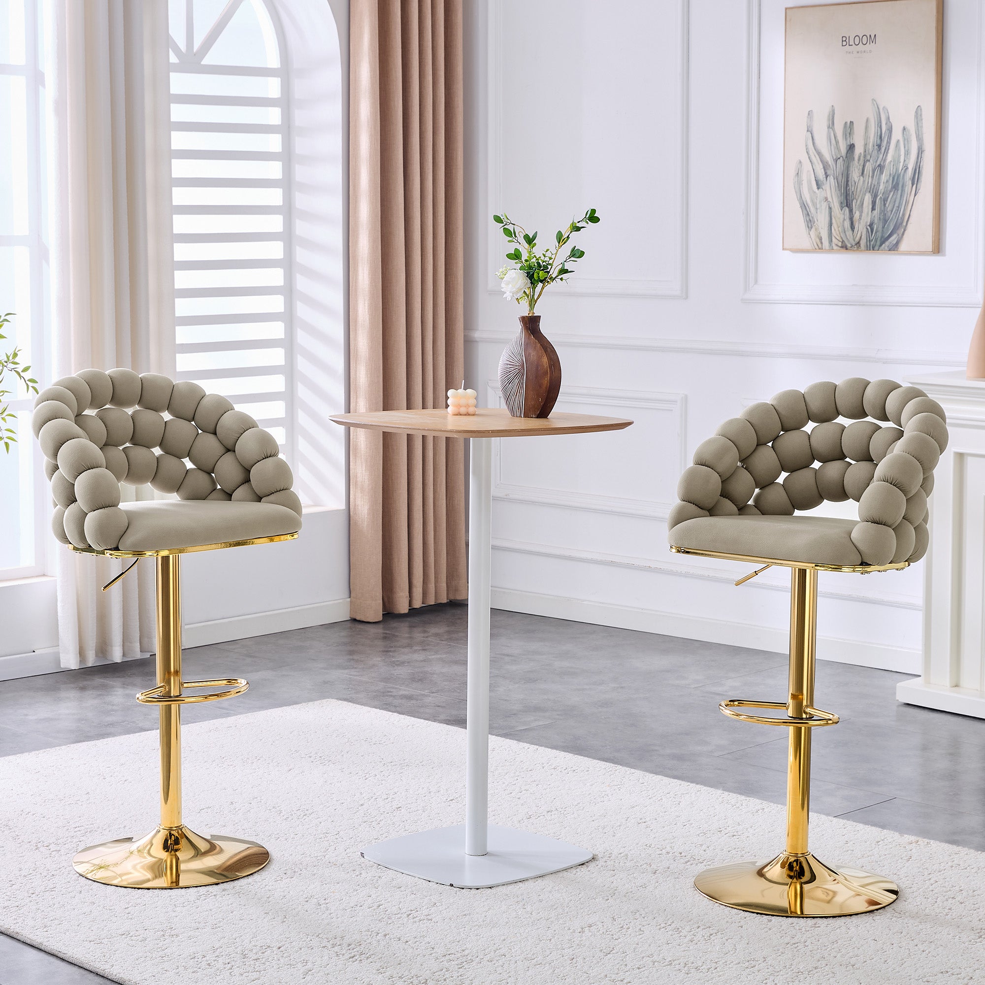 Bar Stools, 2-Piece Set, Ball Chain Backrest, Adjustable Gold-Plated Frame, Gray Velvet