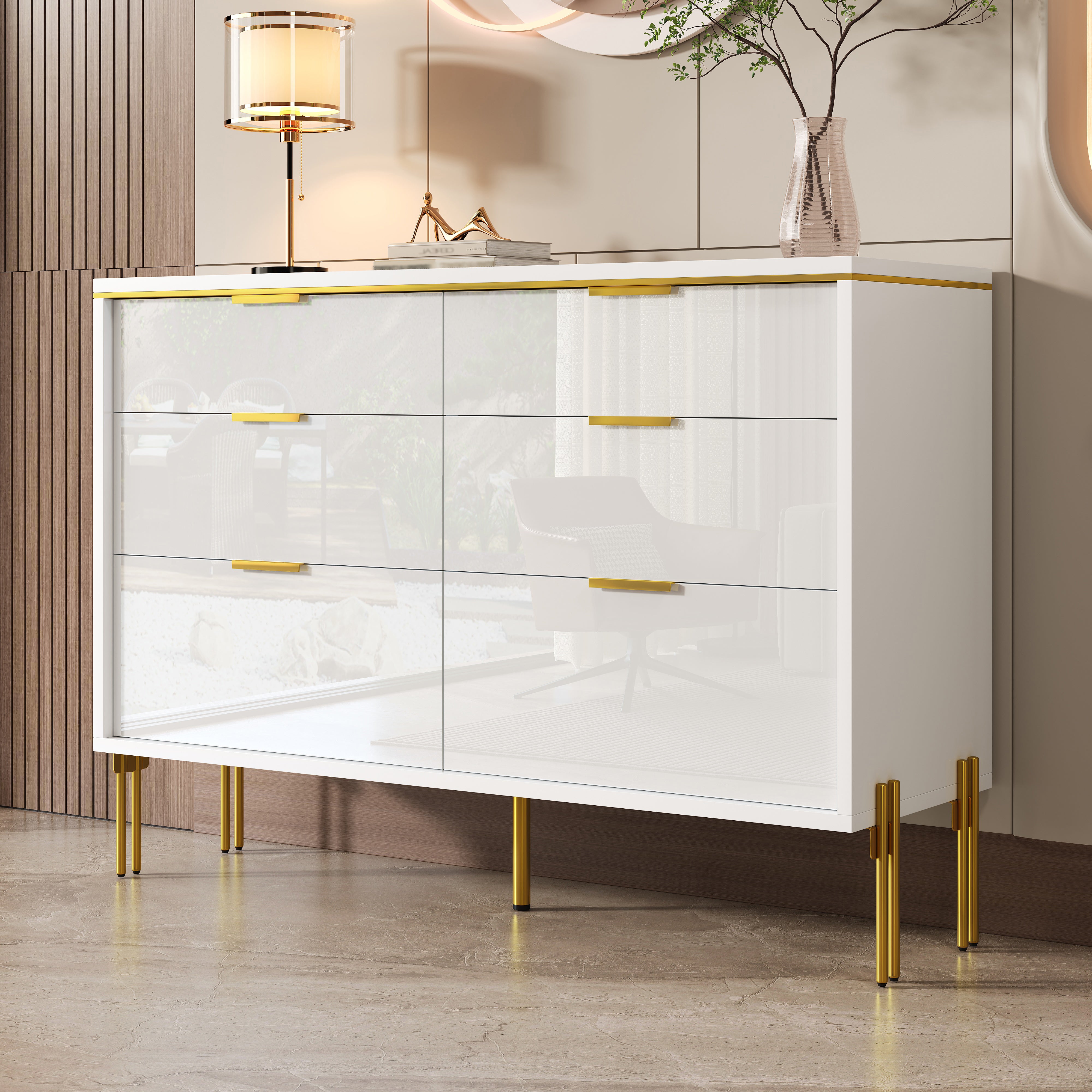 Sideboard Cabinet with 6 Drawers and High-Gloss Fronts, White and Gold