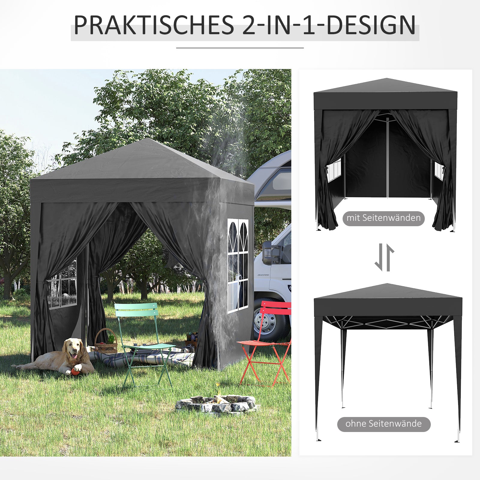 Folding Pavilion 2x2m 4 Side Panels Windows UV Protection Steel Oxford Black