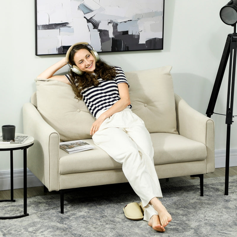 2-Seater Sofa, Foam Padding Fabric Cover Metal Frame, Cream White