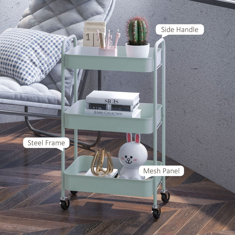 Three-Tier Storage Trolley, Multi-Purpose Rolling Cart, Steel, Light Blue