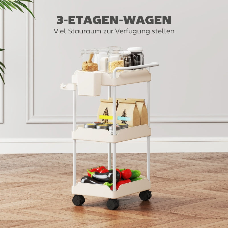 Storage Trolley 3 Baskets Towel Rack Wheels White