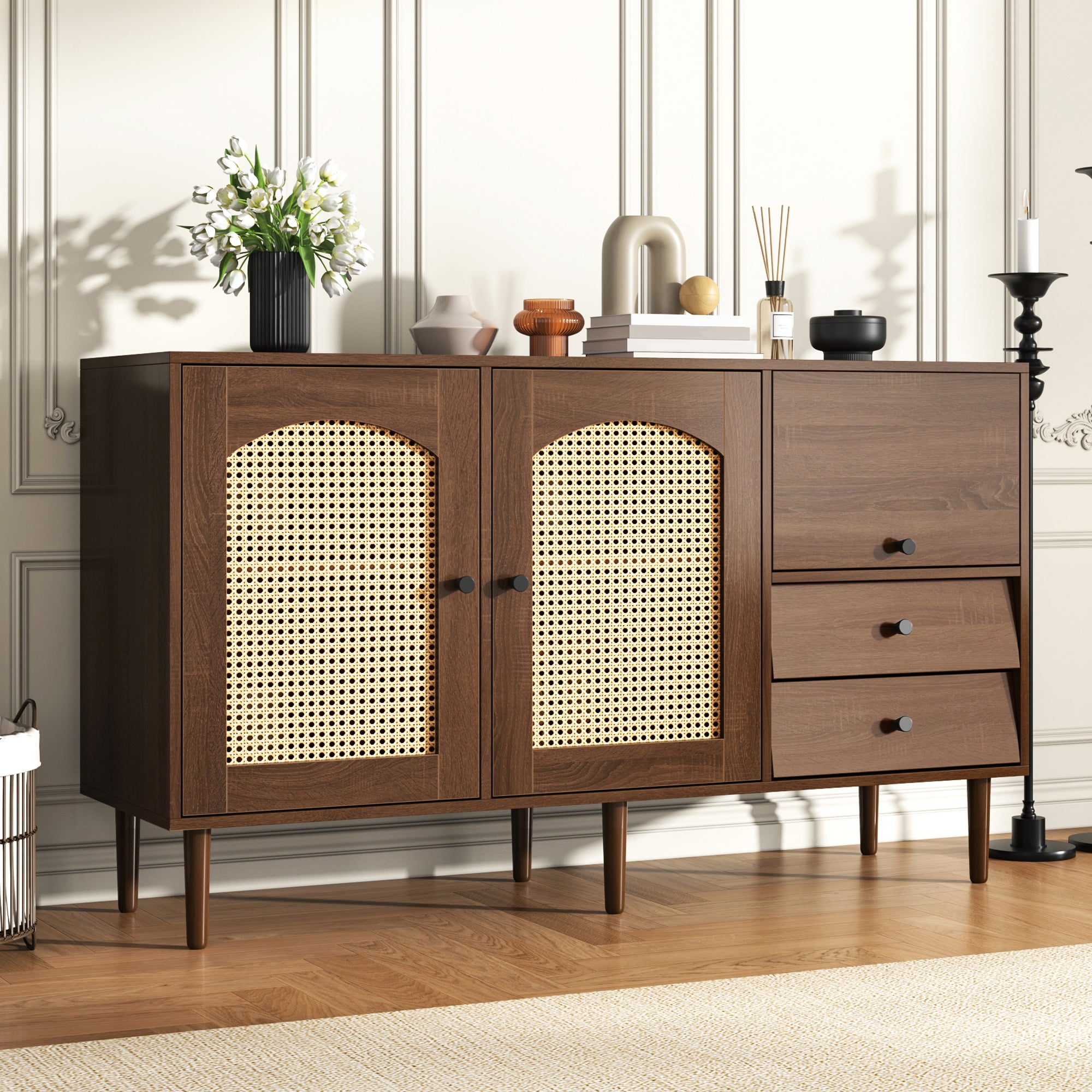 Sideboard, Country-Style with Rattan Doors, Adjustable Shelves, Wood Color