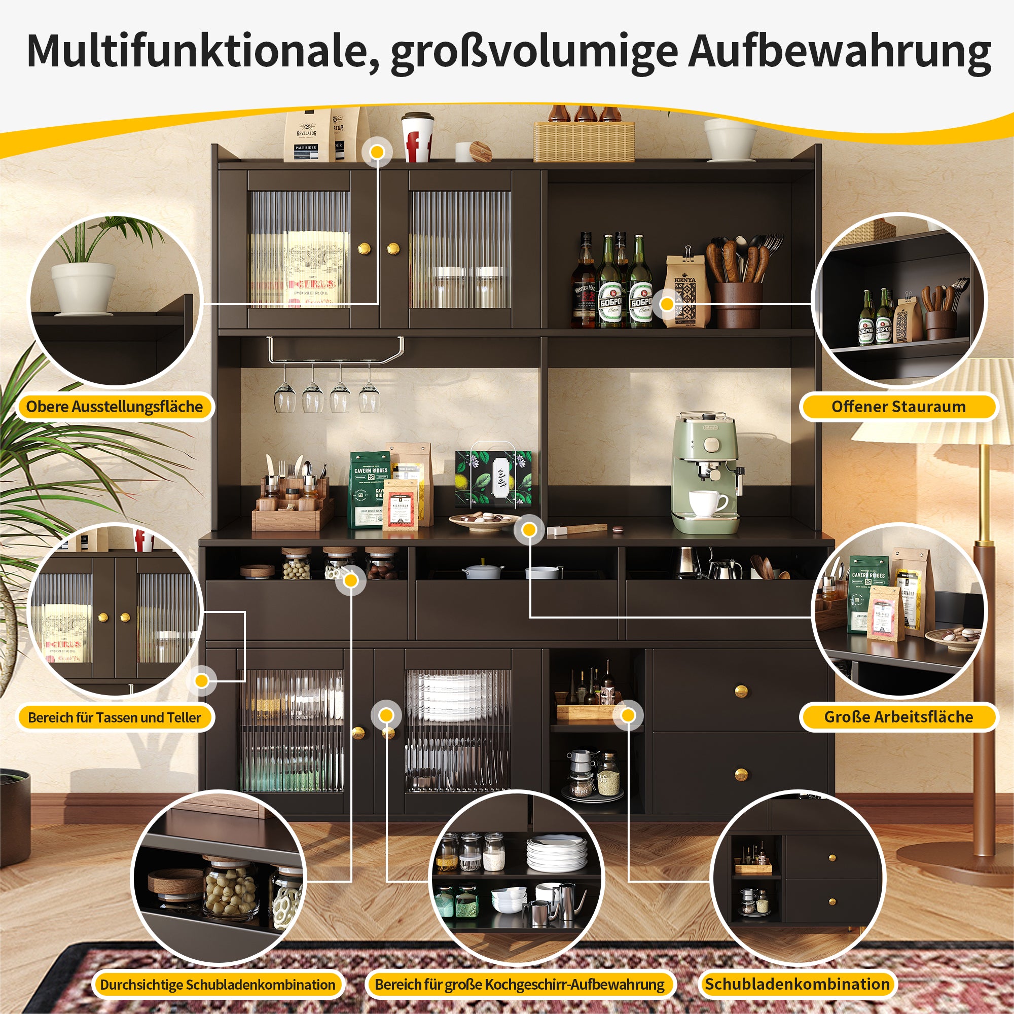 Dining Room Tall Cabinet 145x39x171cm Perforated Glass Doors Wine Rack Storage - Black/Gold