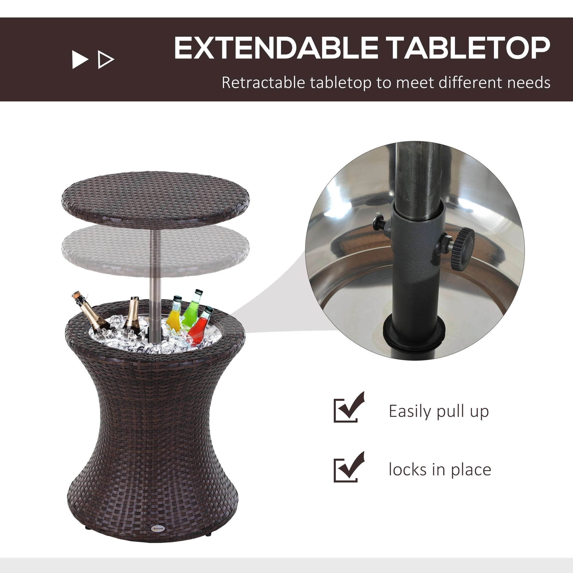 PE Rattan Ice Bucket Table, Height Adjustable Outdoor Drinks Cooler, Round 52 cm, Brown