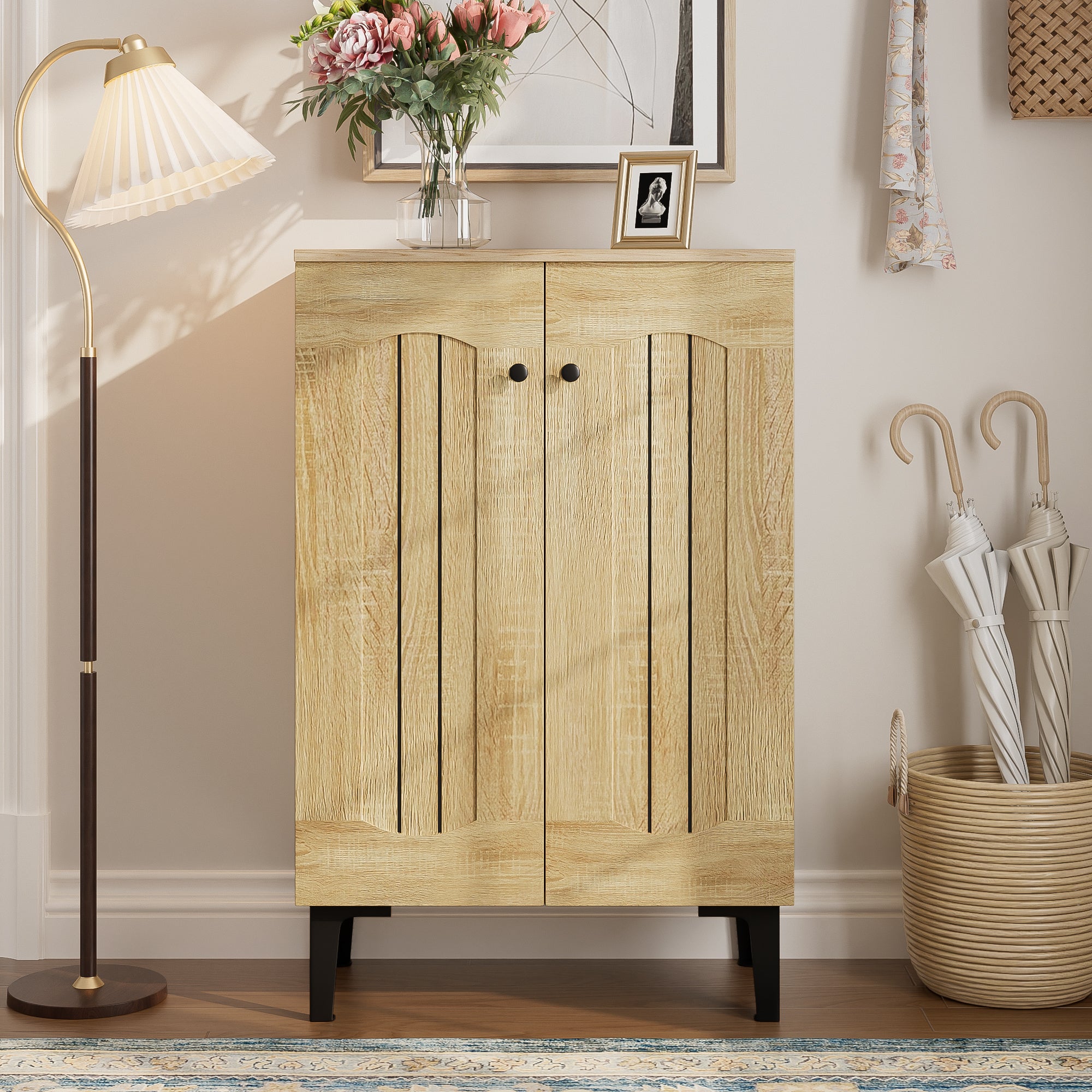 Modern Shoe Cabinet, Double Doors, Large Storage, Multi-Tiered Shelves, Wood Color