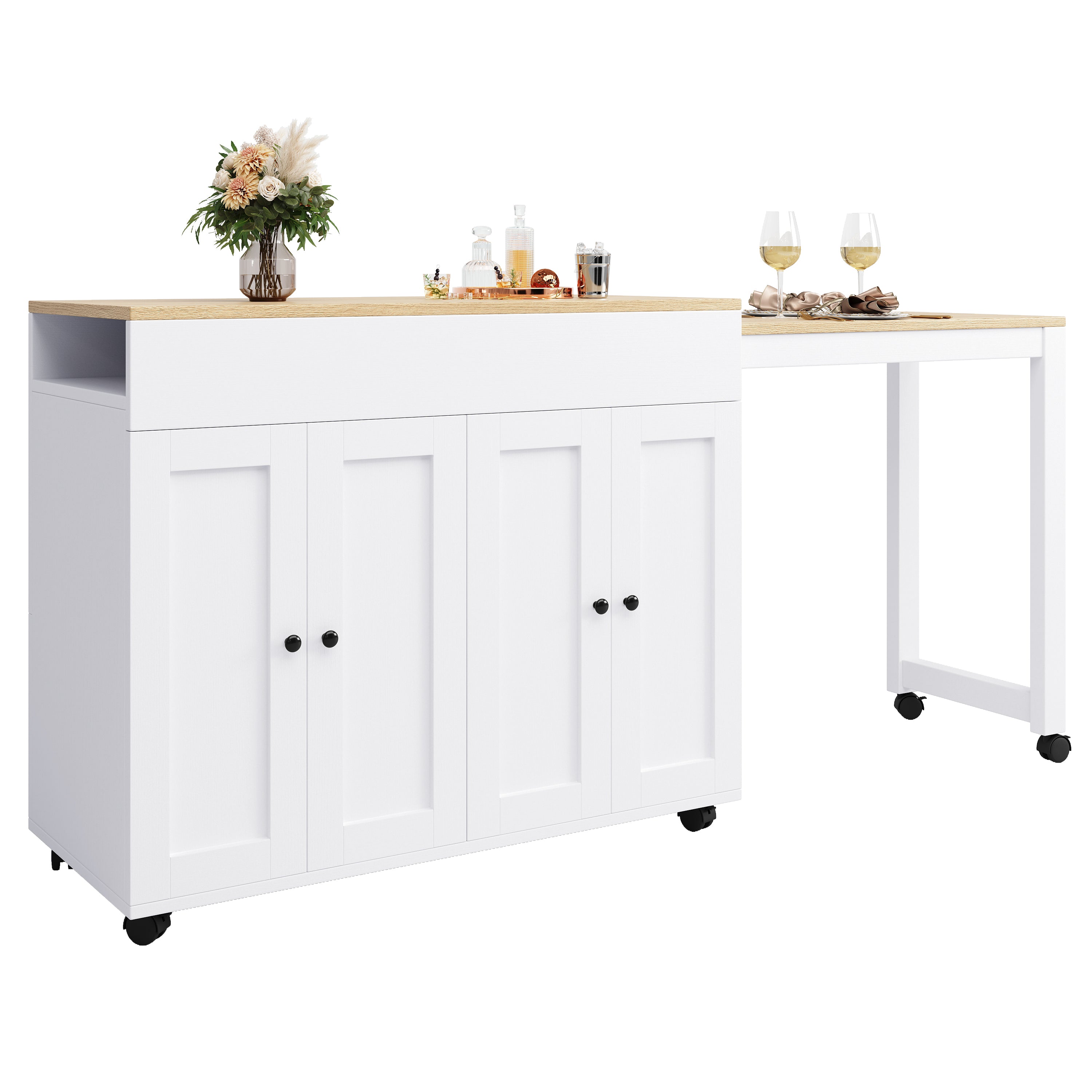 Extendable Bar Table Dining Table with Storage 6 Shelves - White