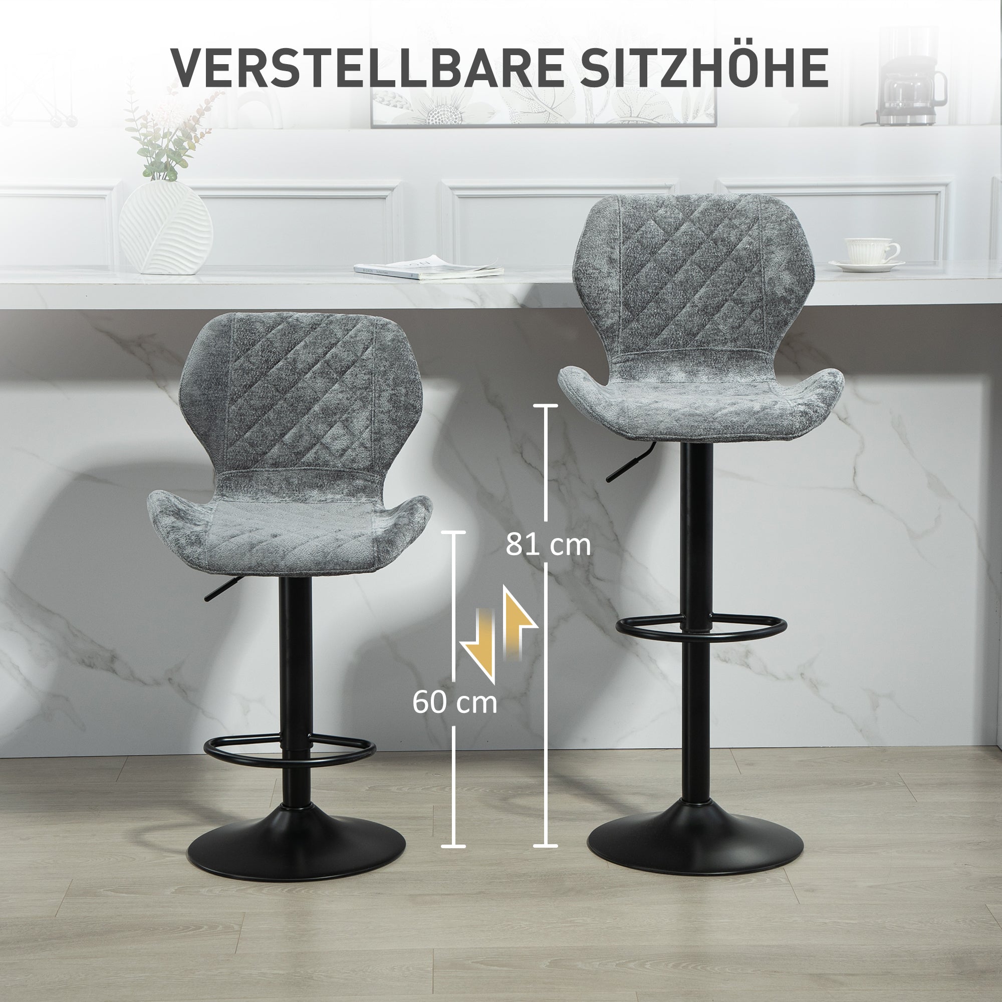 Bar stool set of 2, upholstered with backrest, height-adjustable, 360° rotatable, dark gray chenille look