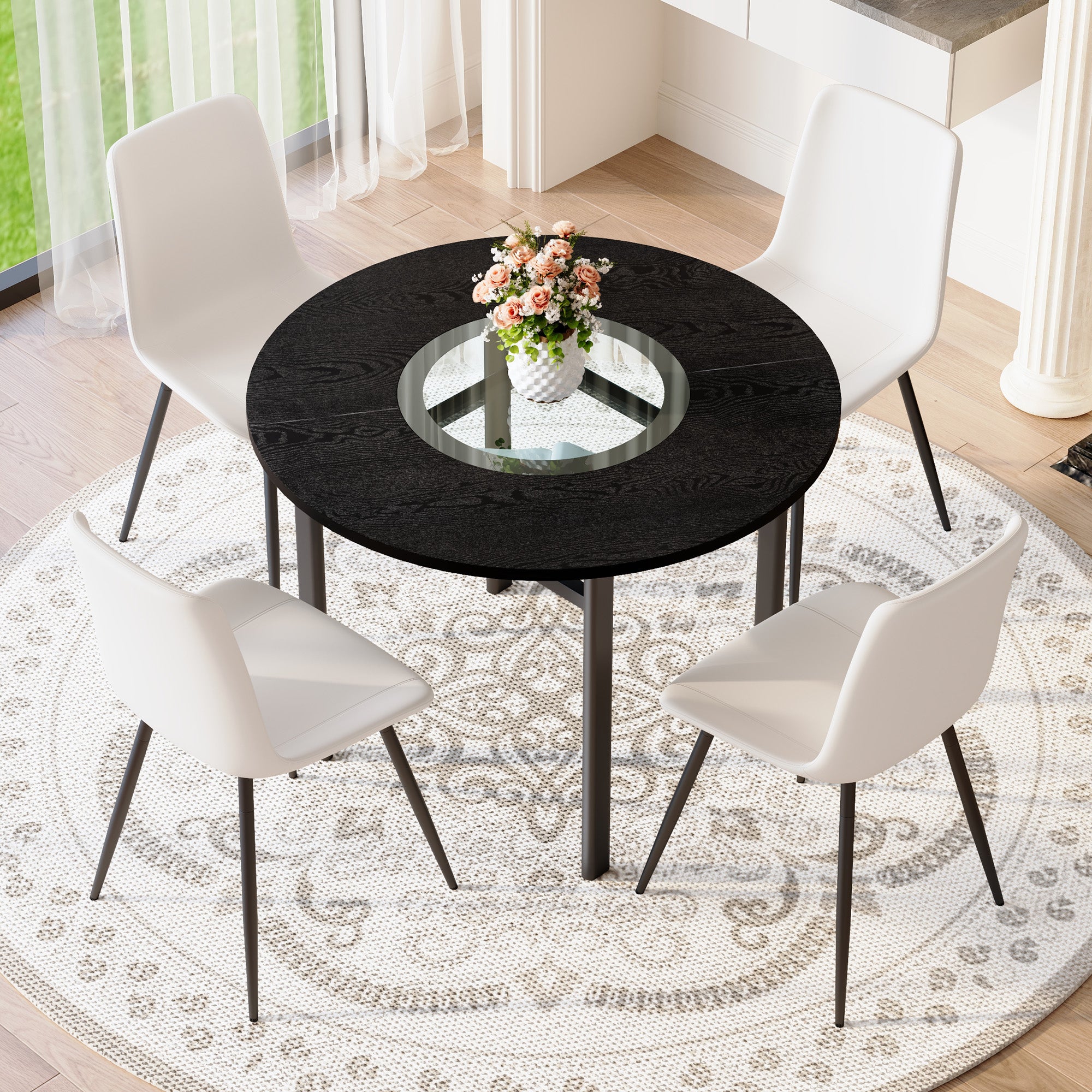 Round Table Set, 100cm Diameter with 4 Comfort Armchairs, White PU & Black Wood Look