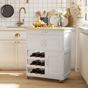 Modern Kitchen Trolley Rolling Island Storage Cart with Wine Rack and Door Cabinets, White/Wooden Countertop