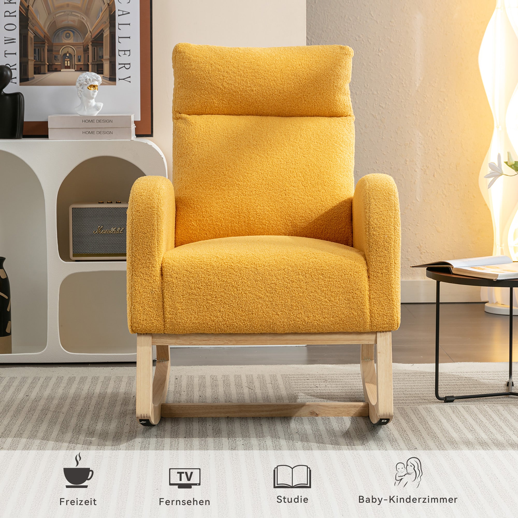 Rocking Chair, Mid-century Modern Upholstered with Padded Seat, Yellow