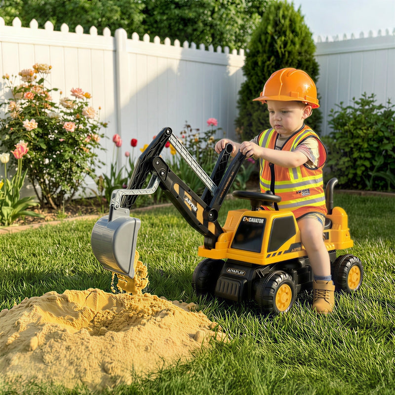 Ride-on Excavator with Shovel, Steering Wheel and Backrest for Kids, Yellow