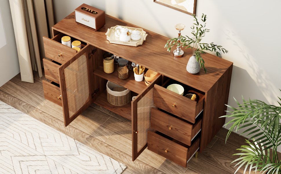 Rattan Sideboard Storage Cabinet with Drawer 160x40x90cm Brown Wood