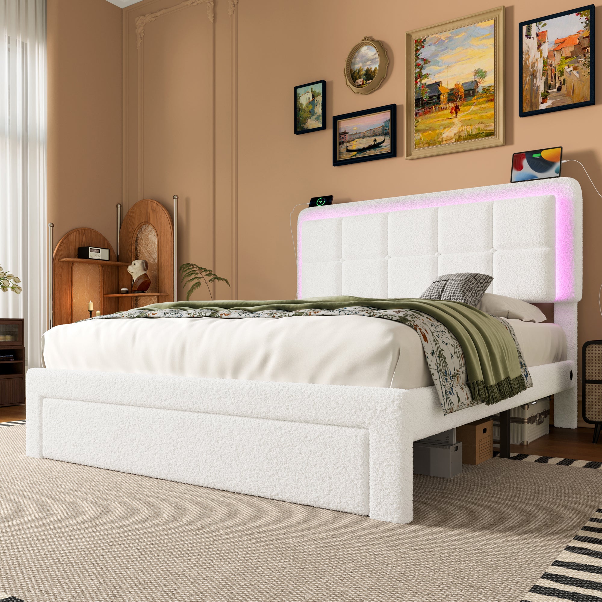 Bed Frame, Adjustable Headboard, Mood Light, USB Port, Teddy Velvet