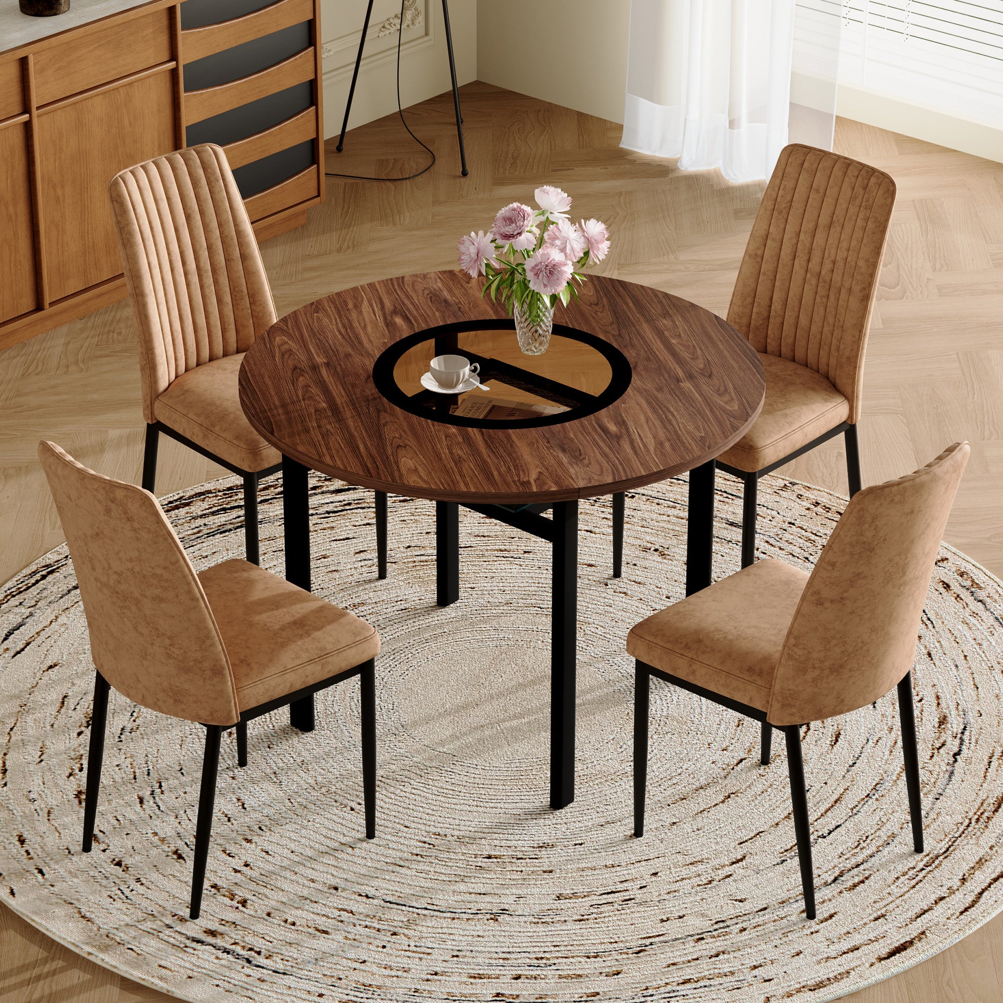 Dining Table Set, Minimalist 85cm Glass Table & 4 Chairs, Brown Tech Fabric