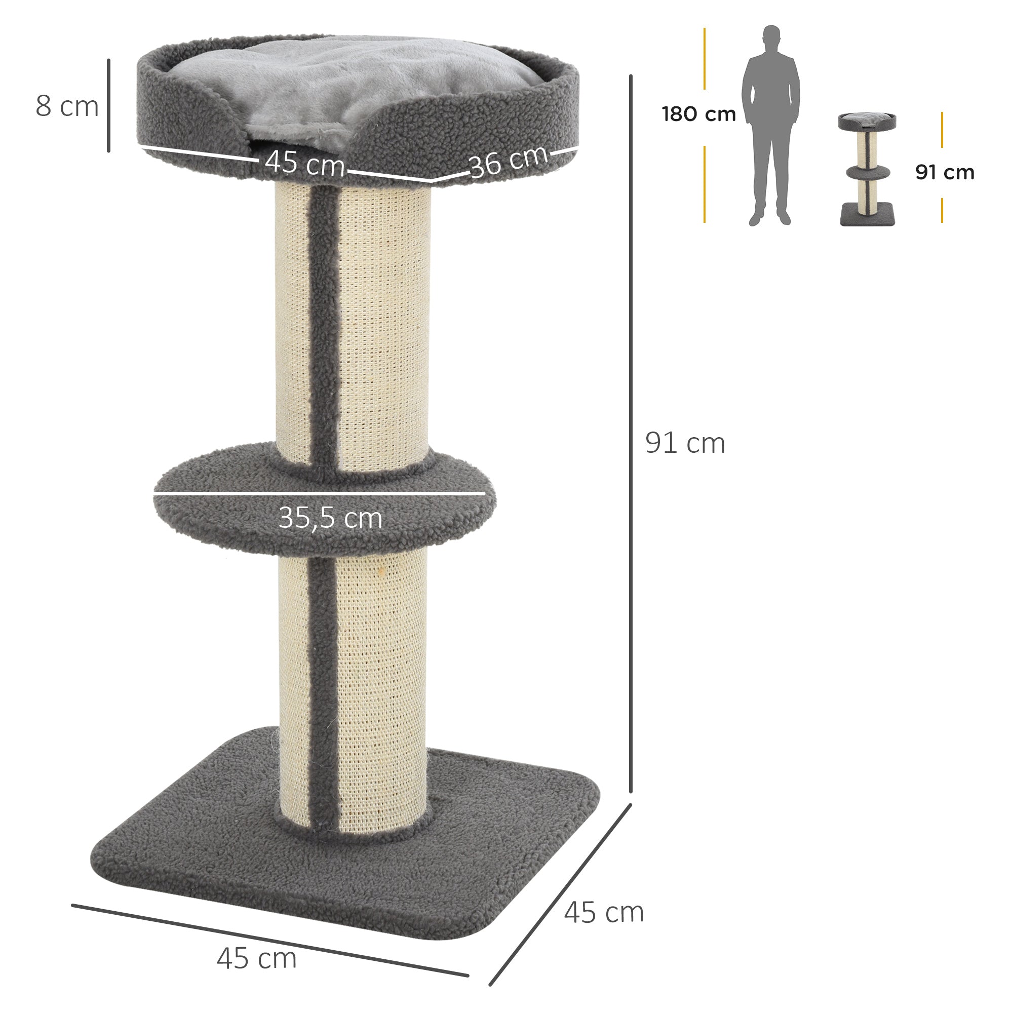 Cat Scratching Post, Sturdy with Platform, Sisal, Grey