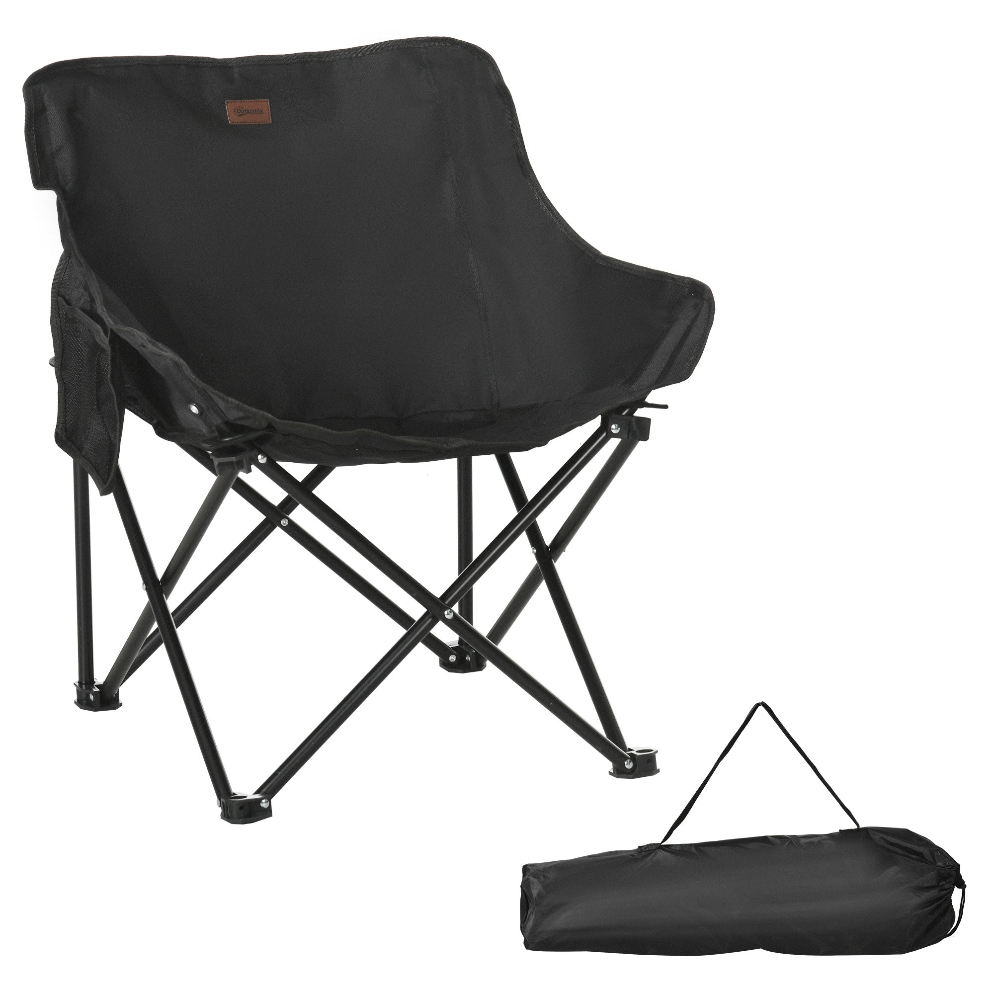 Camping Chair Foldable with Side Pocket, Steel Legs, Black Oxford