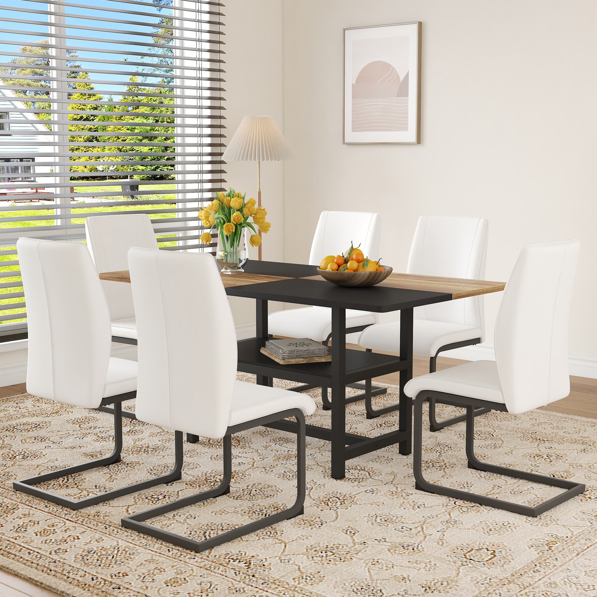 Table Set, Rectangular Dining Table with Storage Shelf and 6 Armchairs 160x90x76 cm, White Faux Leather