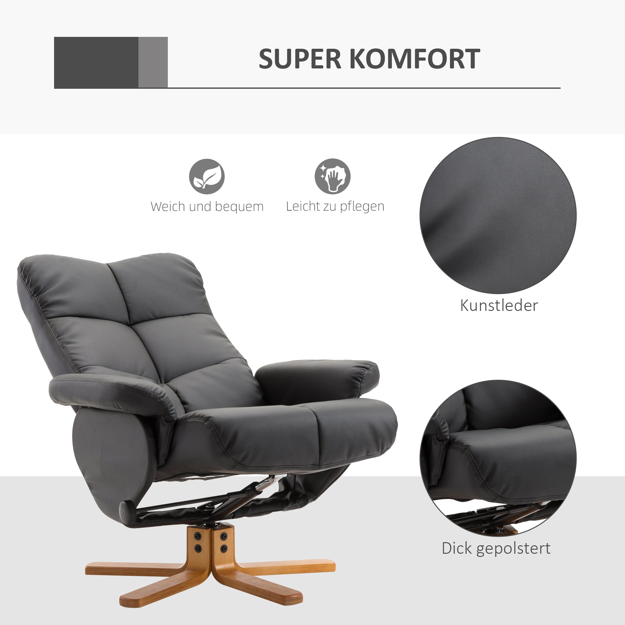 Reclining Armchair with Footstool, 360° Swivel TV Armchair, PU Leather Black
