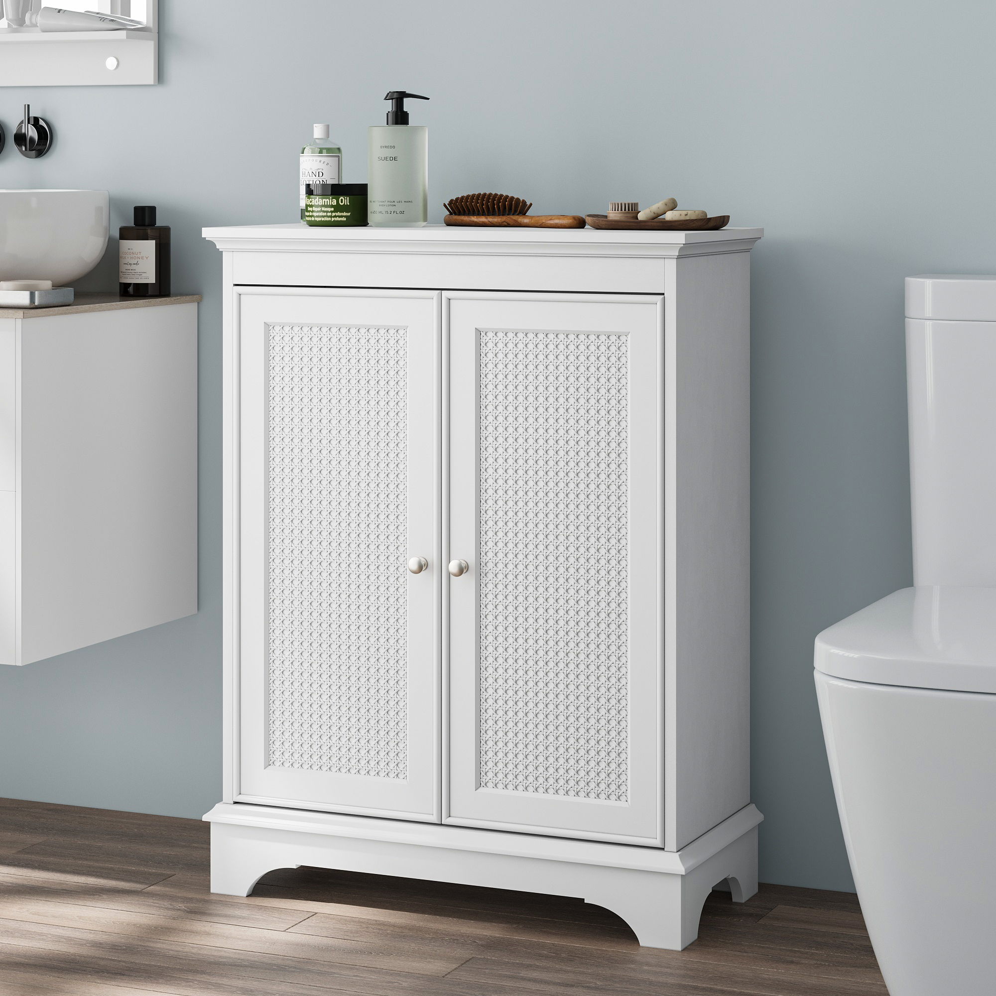 Bathroom Cabinet, Floor-Standing with Basket Door & Adjustable Shelf, White