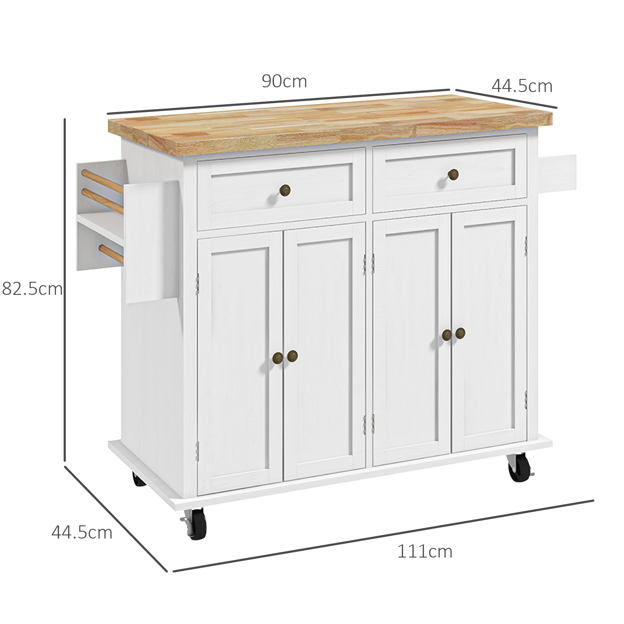 Rolling Kitchen Island Storage Trolley with Drawers and Rubber Wood Top, White