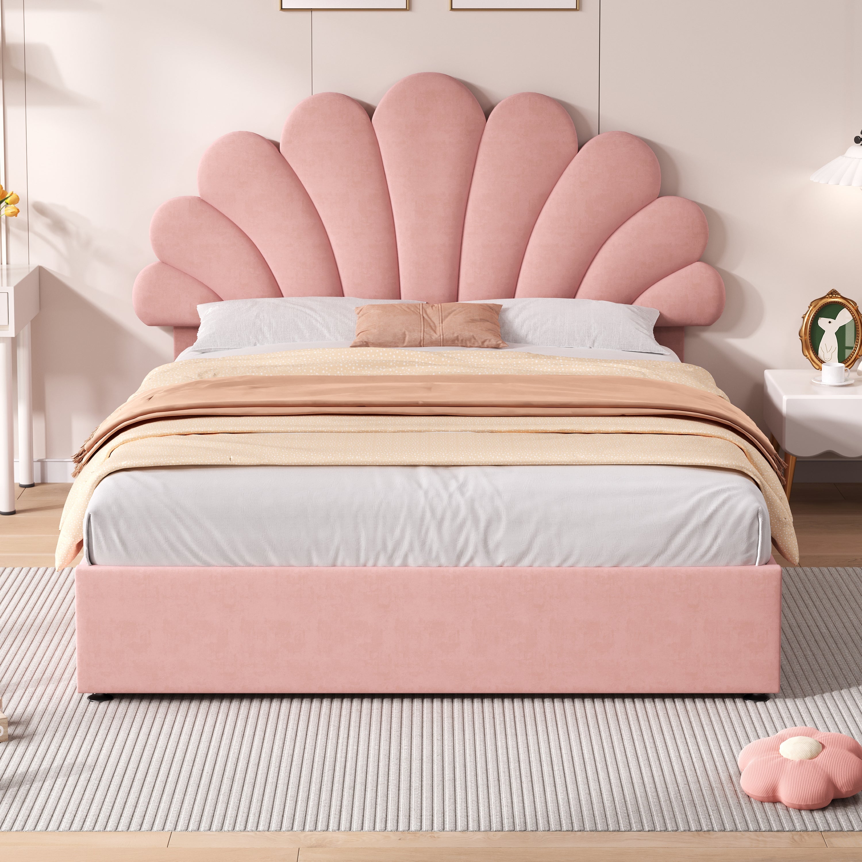 4ft6 Double Upholstered Hydraulic Bed with Adjustable Petal Headboard, Solid Wood Slat, Pink Velvet