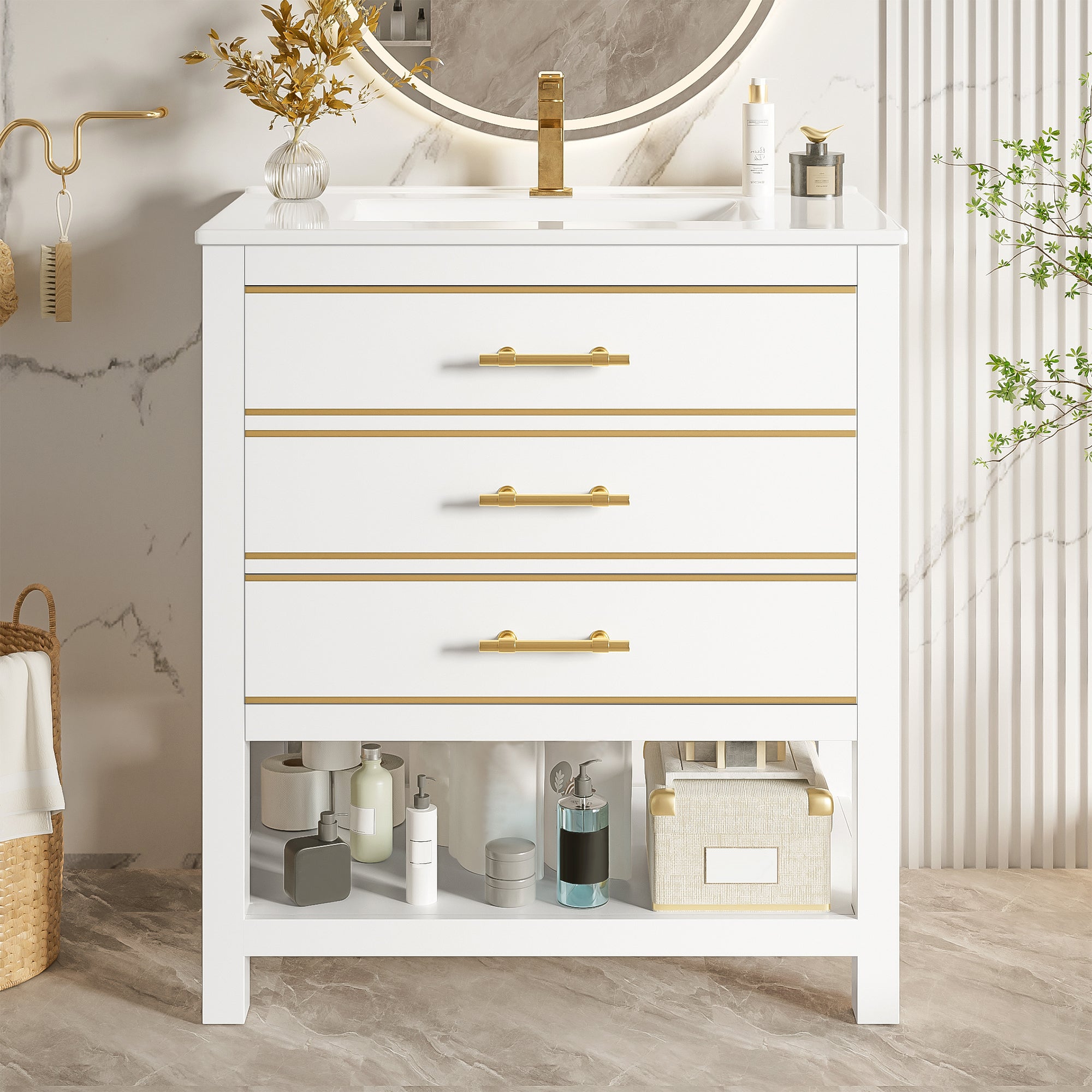 Bathroom Vanity Unit with Ceramic Basin and 2 Drawers, White and Gold