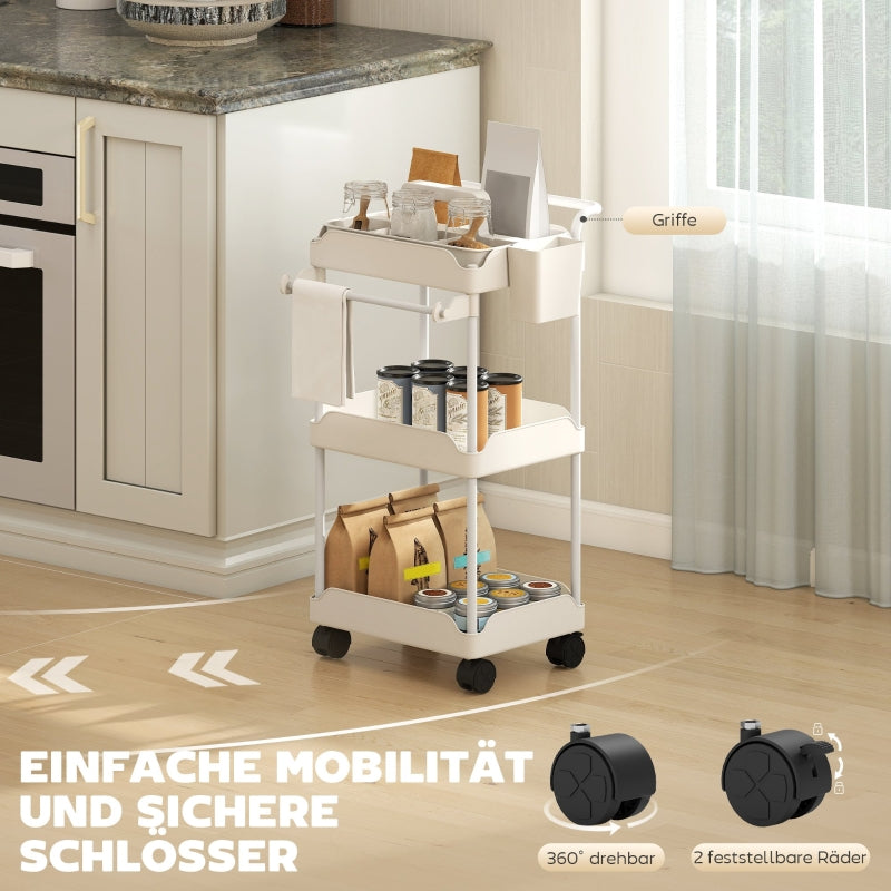 Storage Trolley 3 Baskets Towel Rack Wheels White