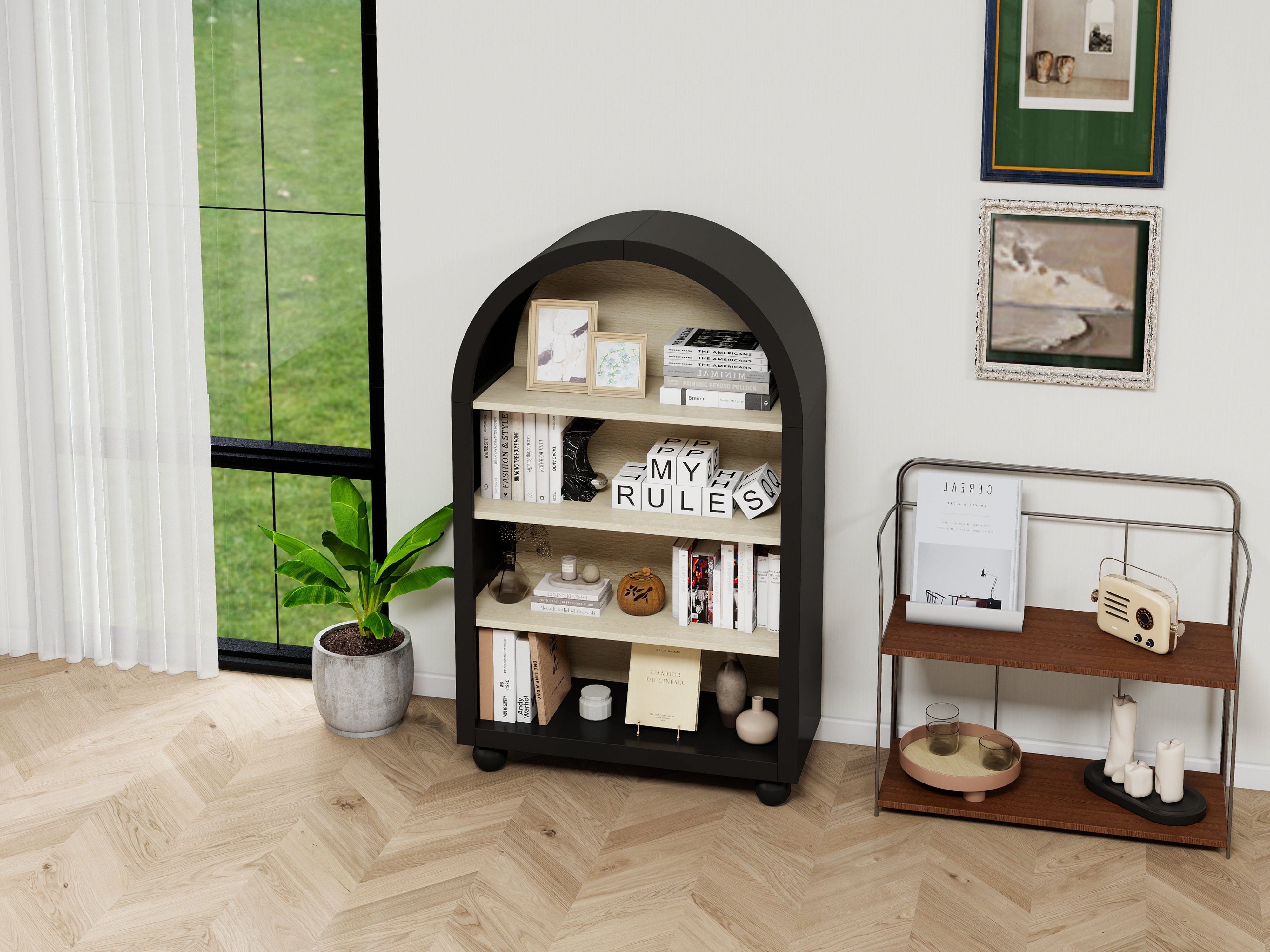 Black arched bookcase, 120cm high, four tiers, modern design