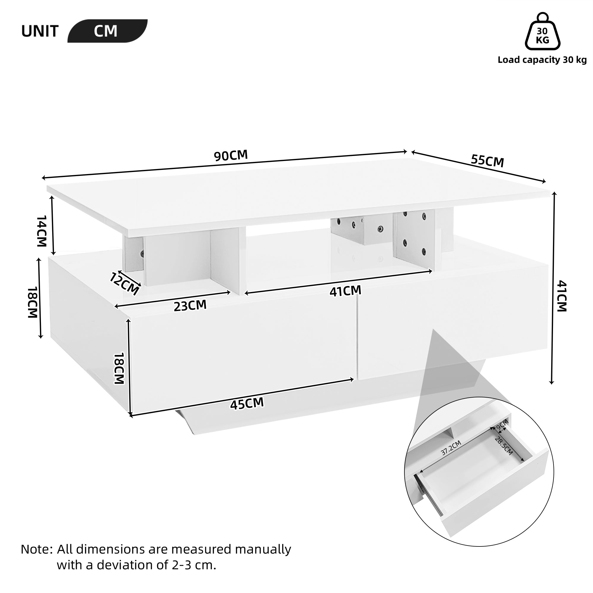 Modern high-gloss coffee table with LED lighting and 2 drawers 90x55x41 cm, 30 kg load capacity