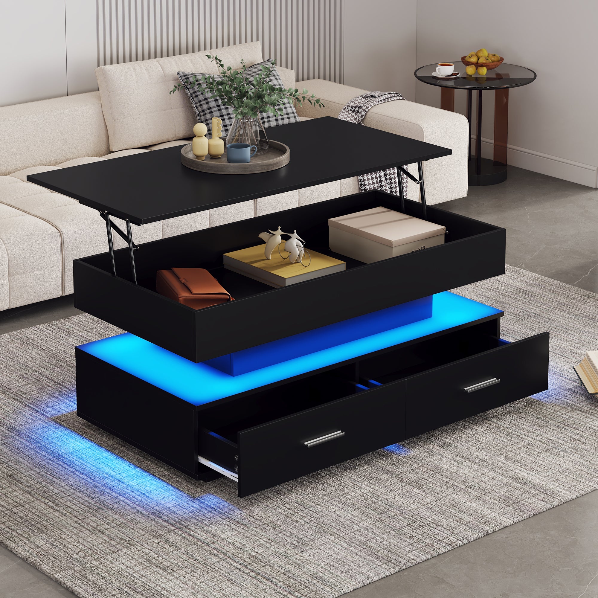 Coffee Table, Hydraulic Height-Adjustable with LED & Bluetooth, 2 Drawers, Black