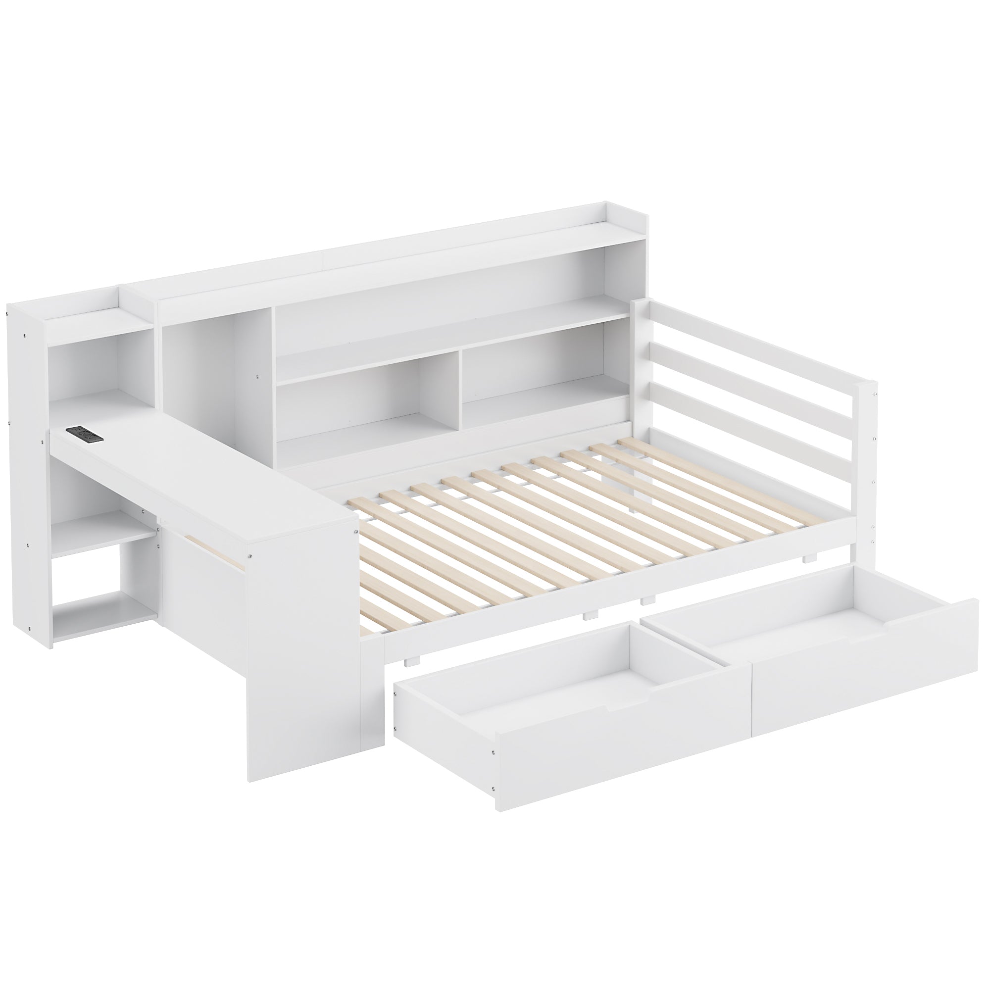 Solid Wood Sofa Bed with Desk, Bookshelf, Storage, Power Outlet - White