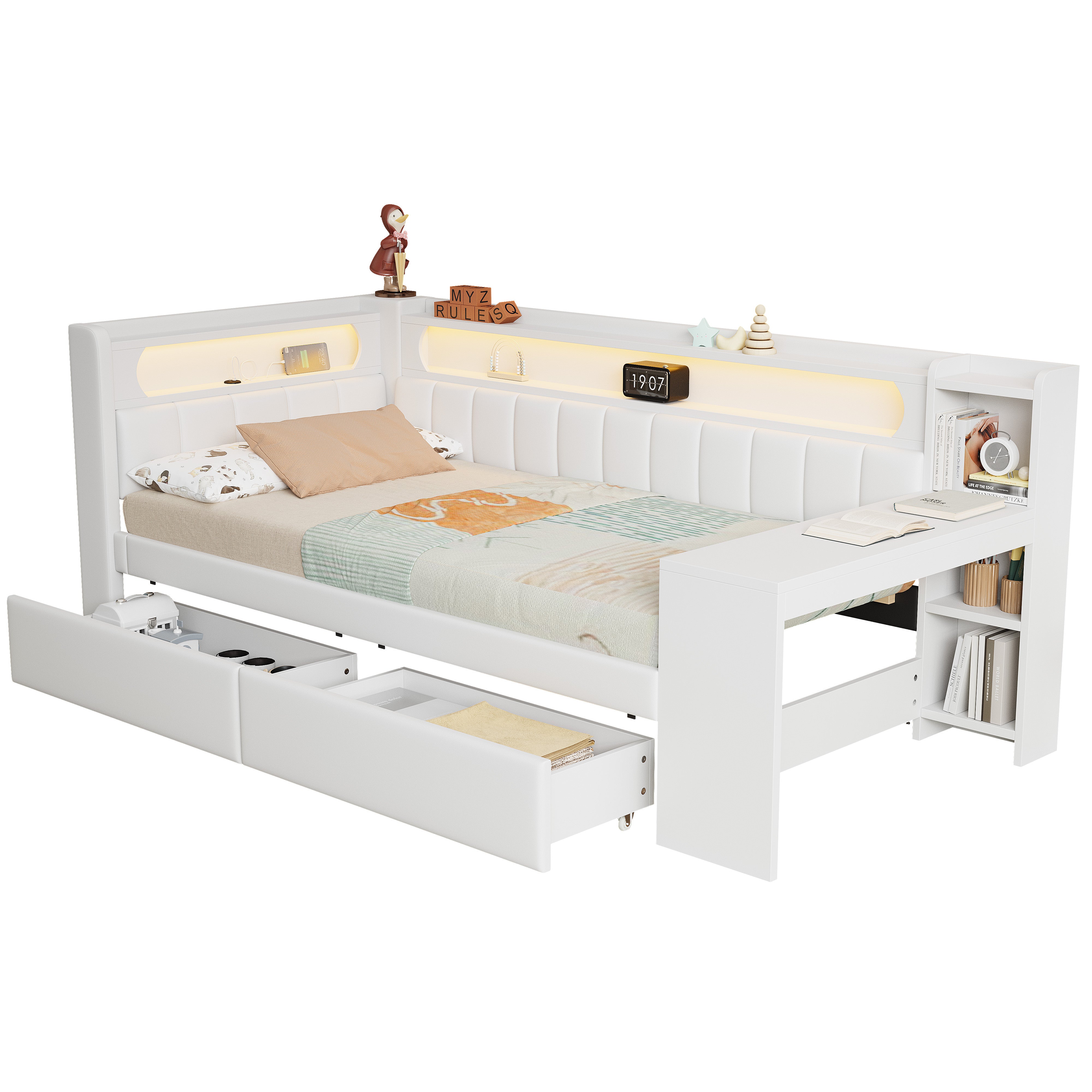 Upholstered Daybed 90x200 with Desk, LED Light, USB Port & 2 Drawers, White