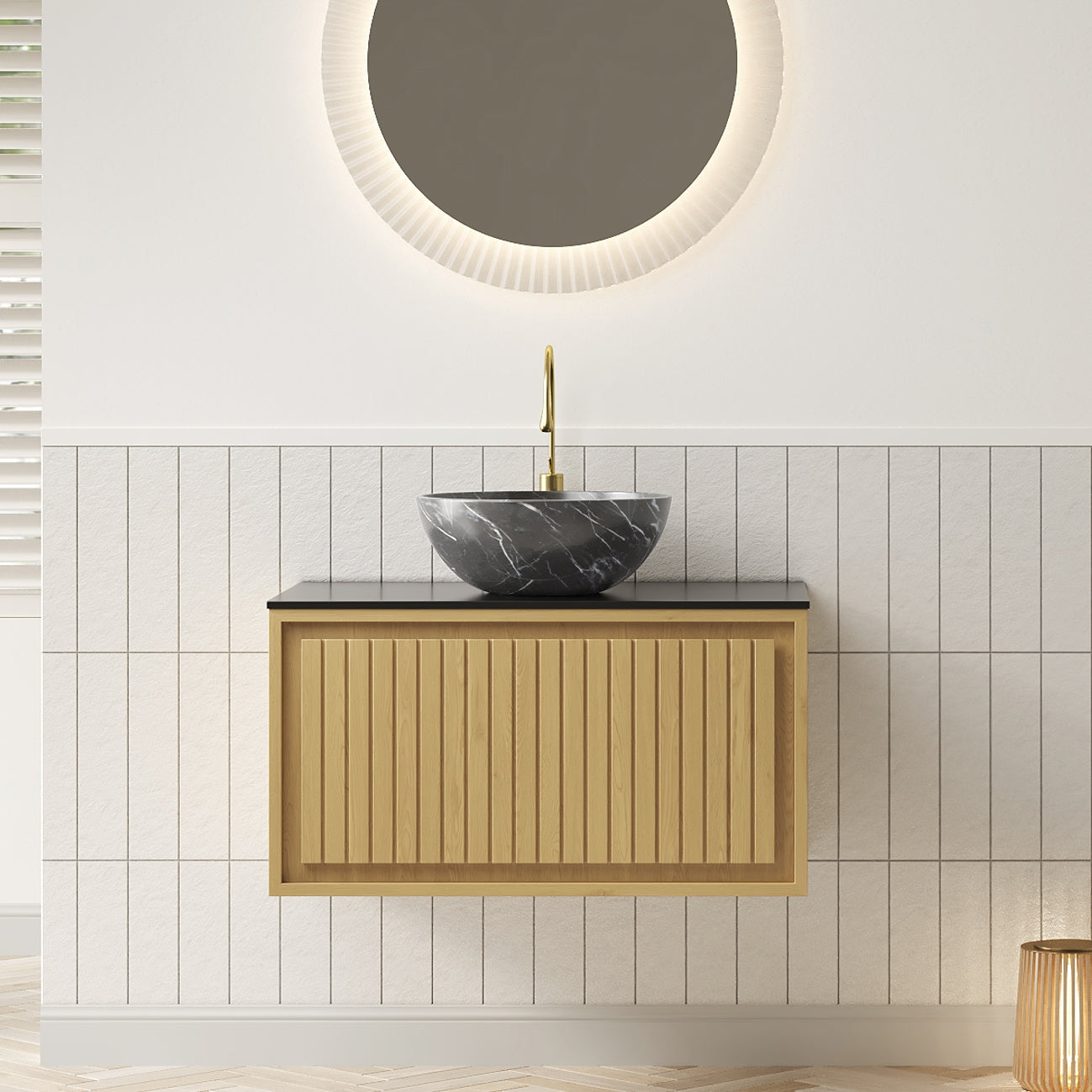 Wall-Hung Bathroom Sink 61cm Black Ceramic Bowl Sintered Stone Top Drawer - Corolla Oak