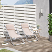 Set of 2 Folding Deck Chairs, Aluminum Frame Lounger, Beige