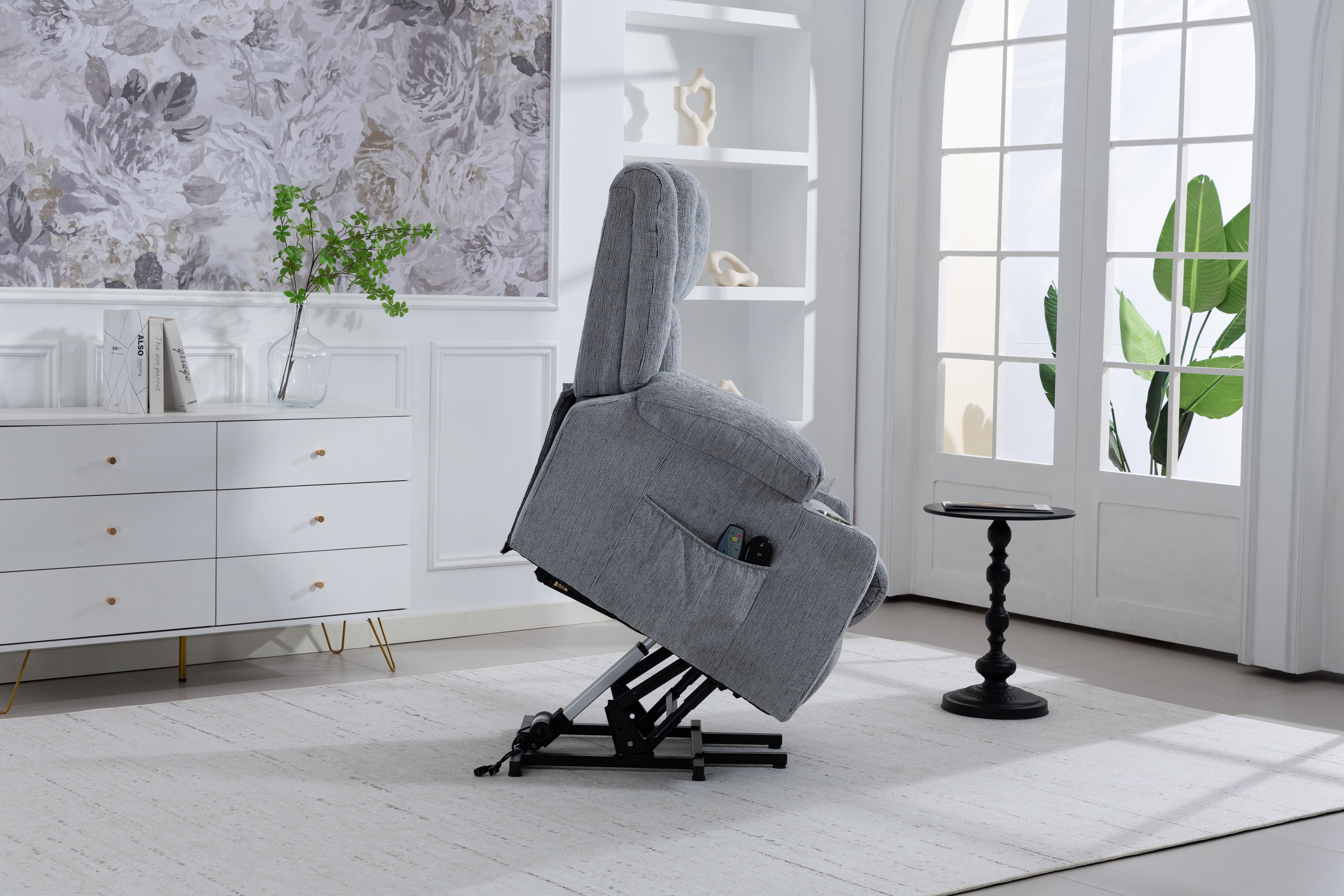 Electric Lift Recliner, Standing Aid, Massage Heat Function, Footrest Cup Holder Light Grey