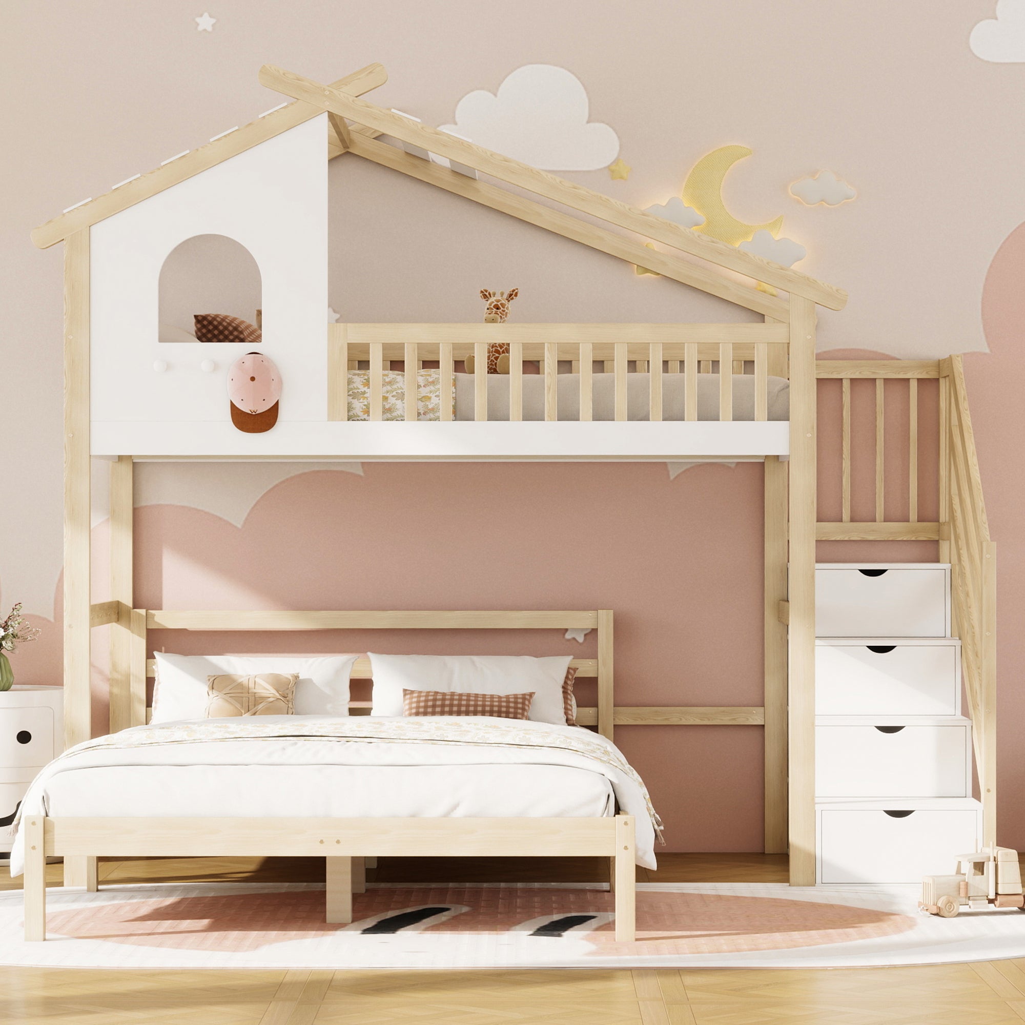 Bunk Bed with Storage Ladder, Bed Rail & Window, White + Natural