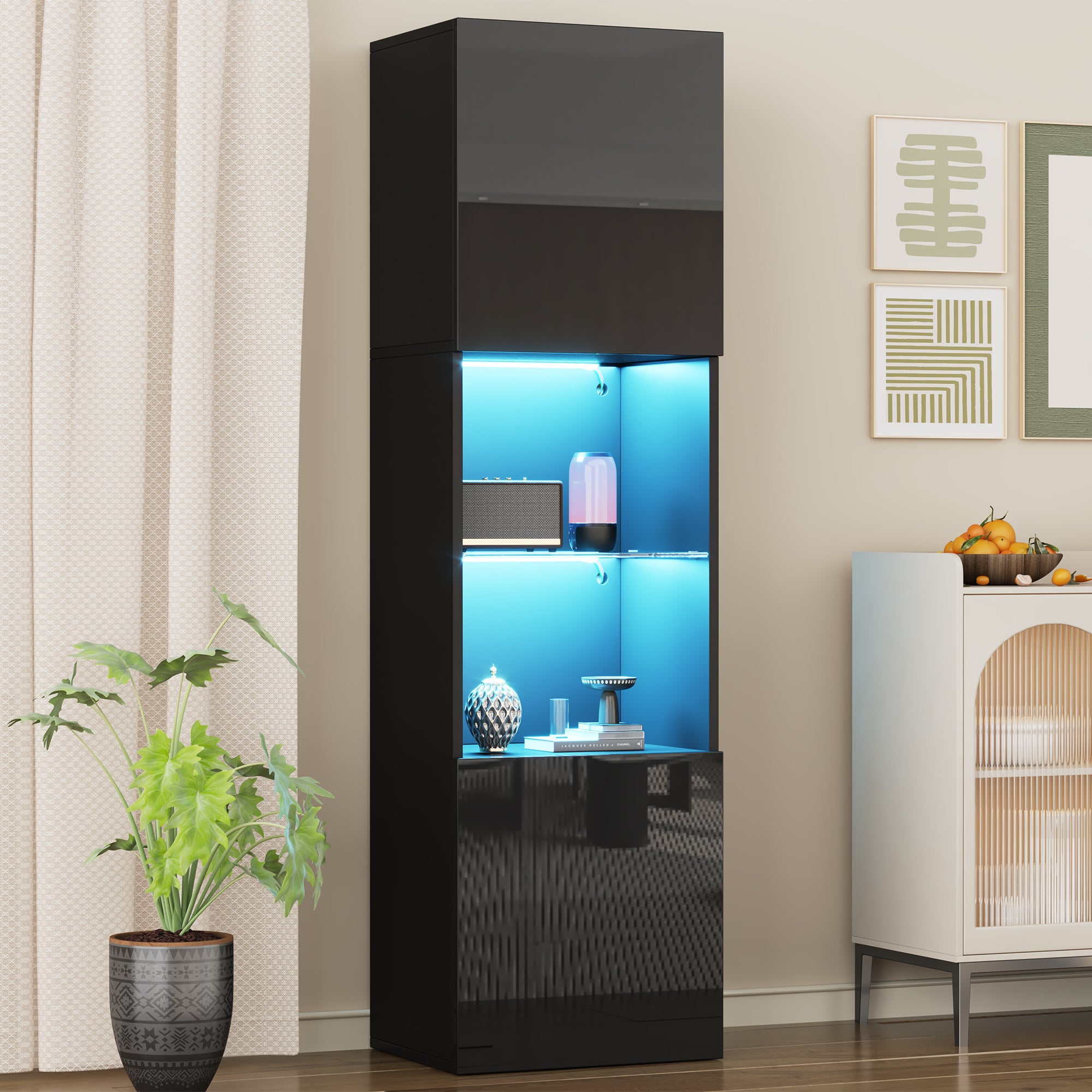 Display Cabinet, Freestanding with LED Lighting, 1 Glass Shelf, Black