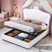 Children's Bed, Upholstered Hydraulic Storage with LED Lights, White PU Leather