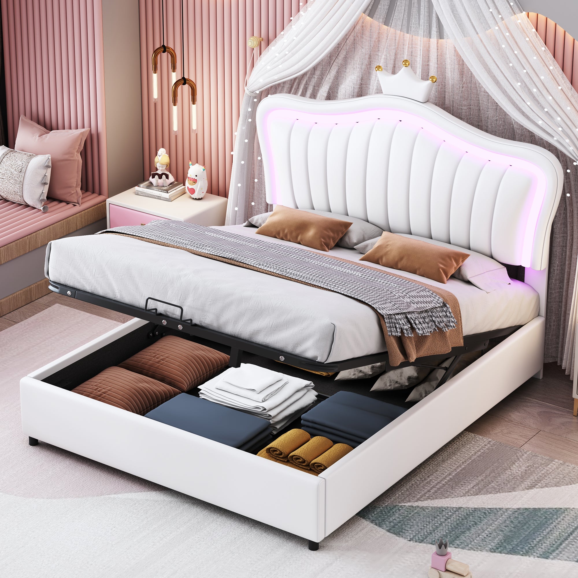 Children's Bed, Upholstered Hydraulic Storage with LED Lights, White PU Leather