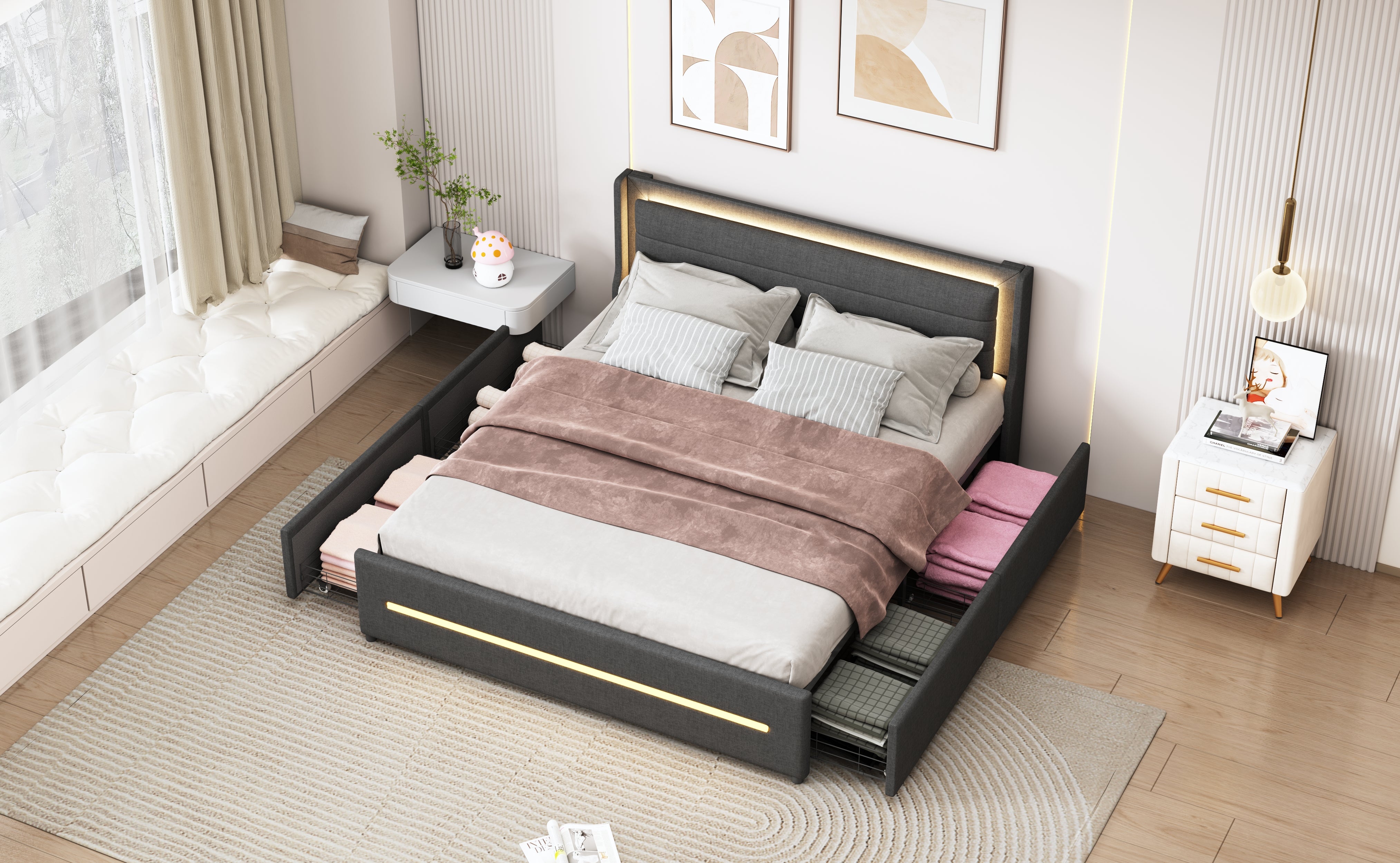 Upholstered Bed 160*200, LED Lighting, 4 Storage, Linen, Gray