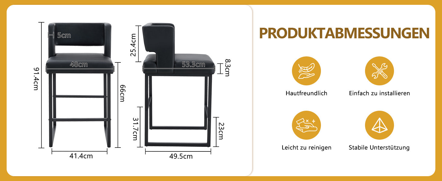 2-Pack Bar Stools, Nordic Square Design with Metal Legs, Black