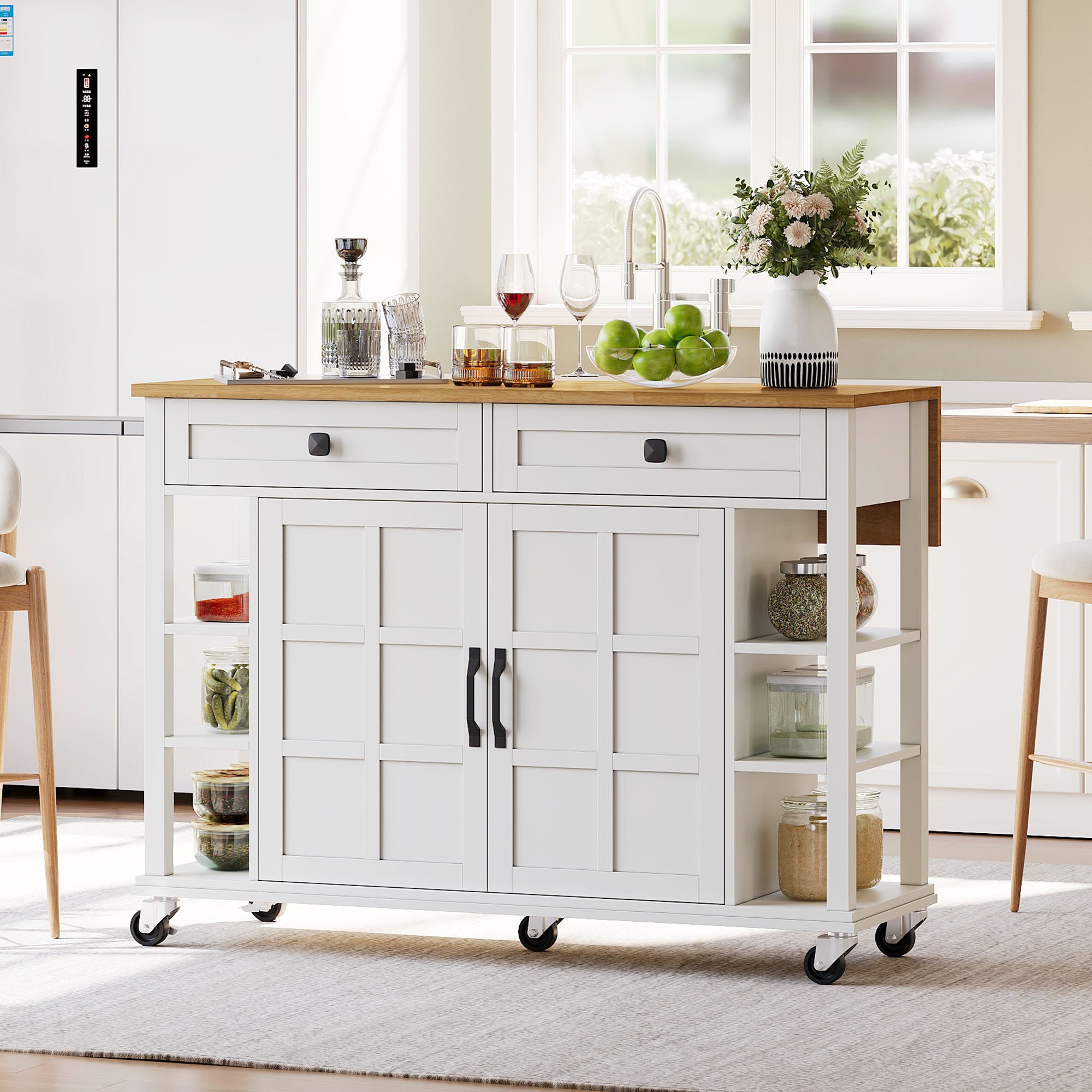 Multifunctional Kitchen Trolley, Fold-Down Worktop, 2 Drawers, On Wheels, Wood