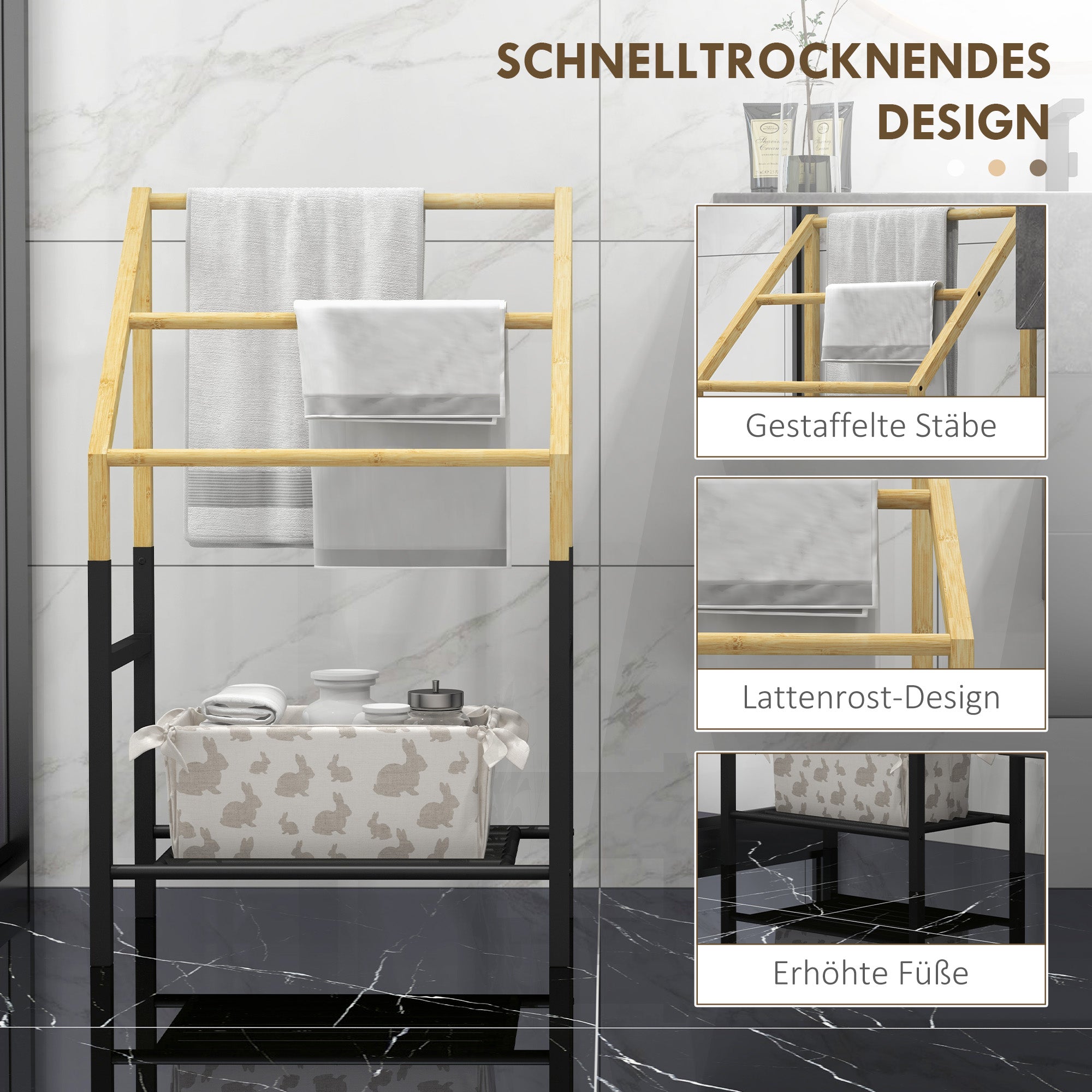 Towel Holder Freestanding, 3 Towel Rails with Shelf, Metal, Natural