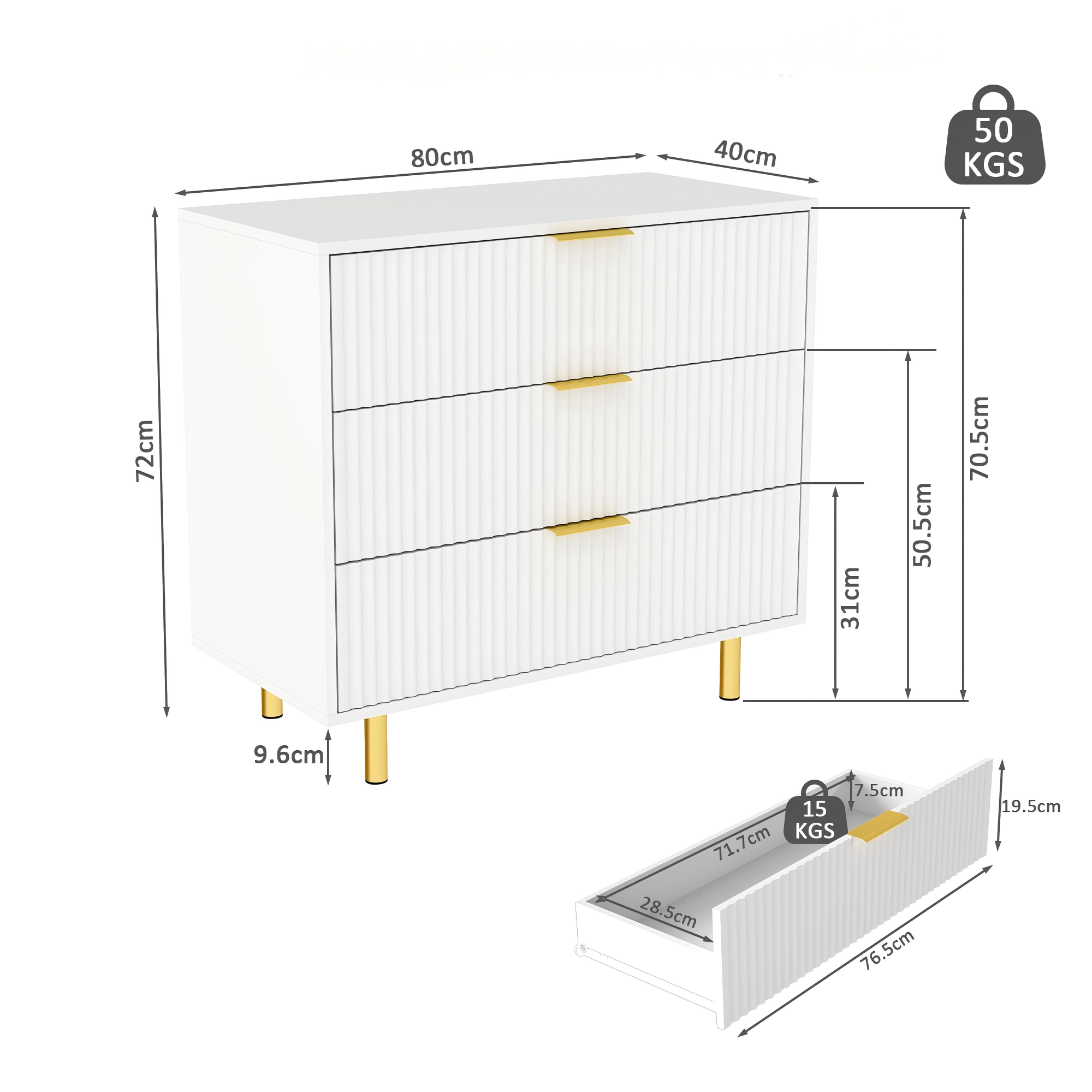 Chest of Drawers Sideboard 3 Drawers Modern Design - White and Gold