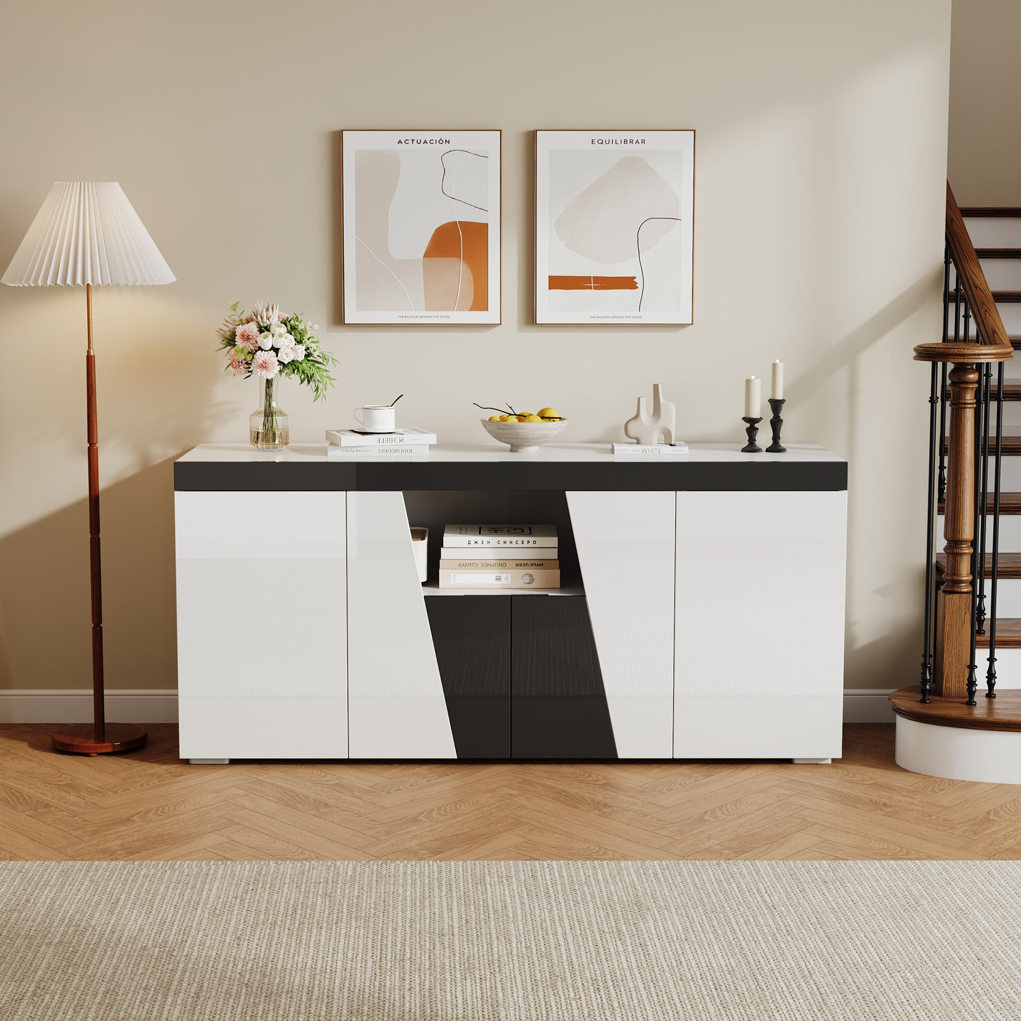 Living Room Sideboard with 4 Doors, Angled Design & LED Light Strip, Black and White Chipboard
